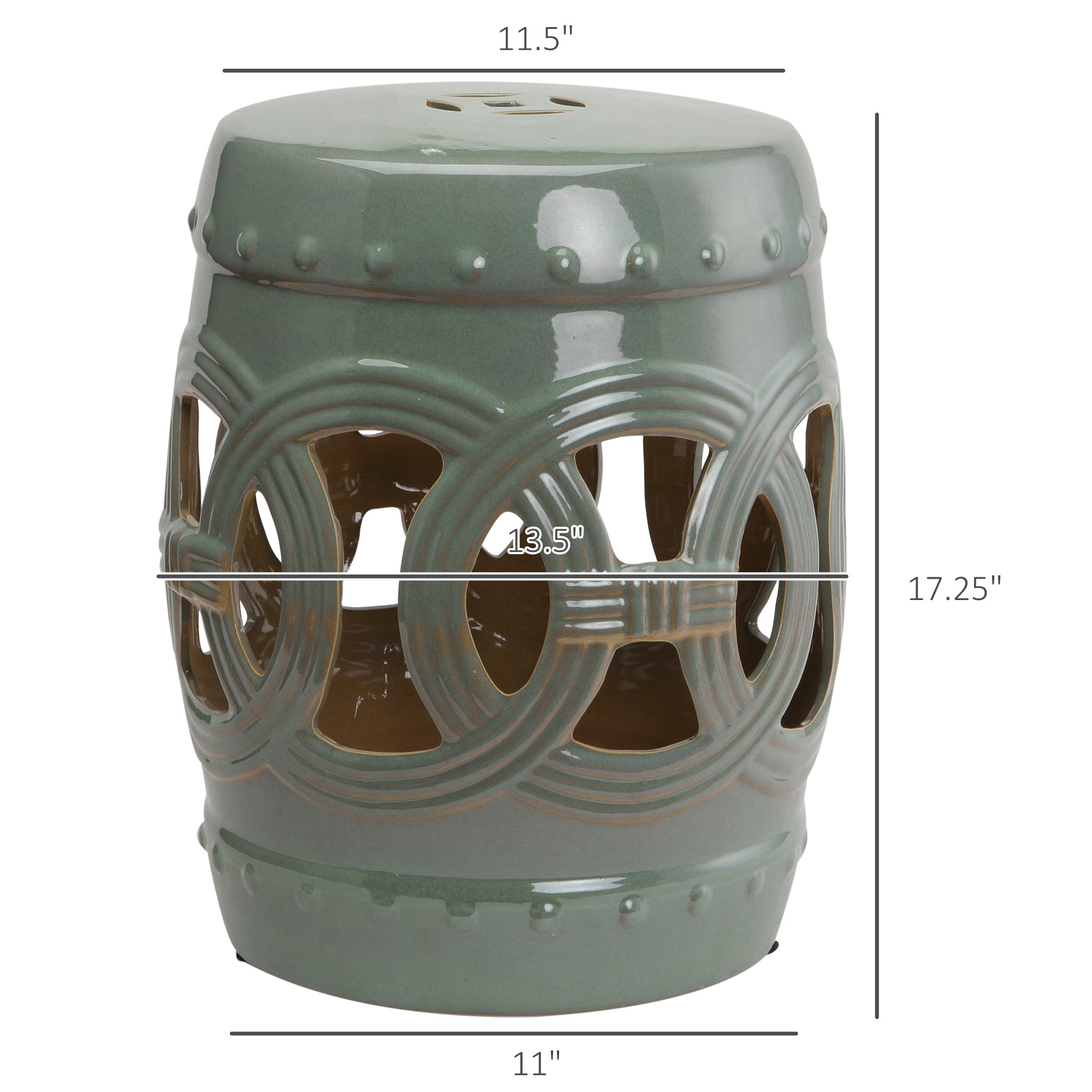 14" x 17" Ceramic Garden Stool with Double-Coin Knotted Ring Design, Glazed Decorative Outdoor Stool, Green
