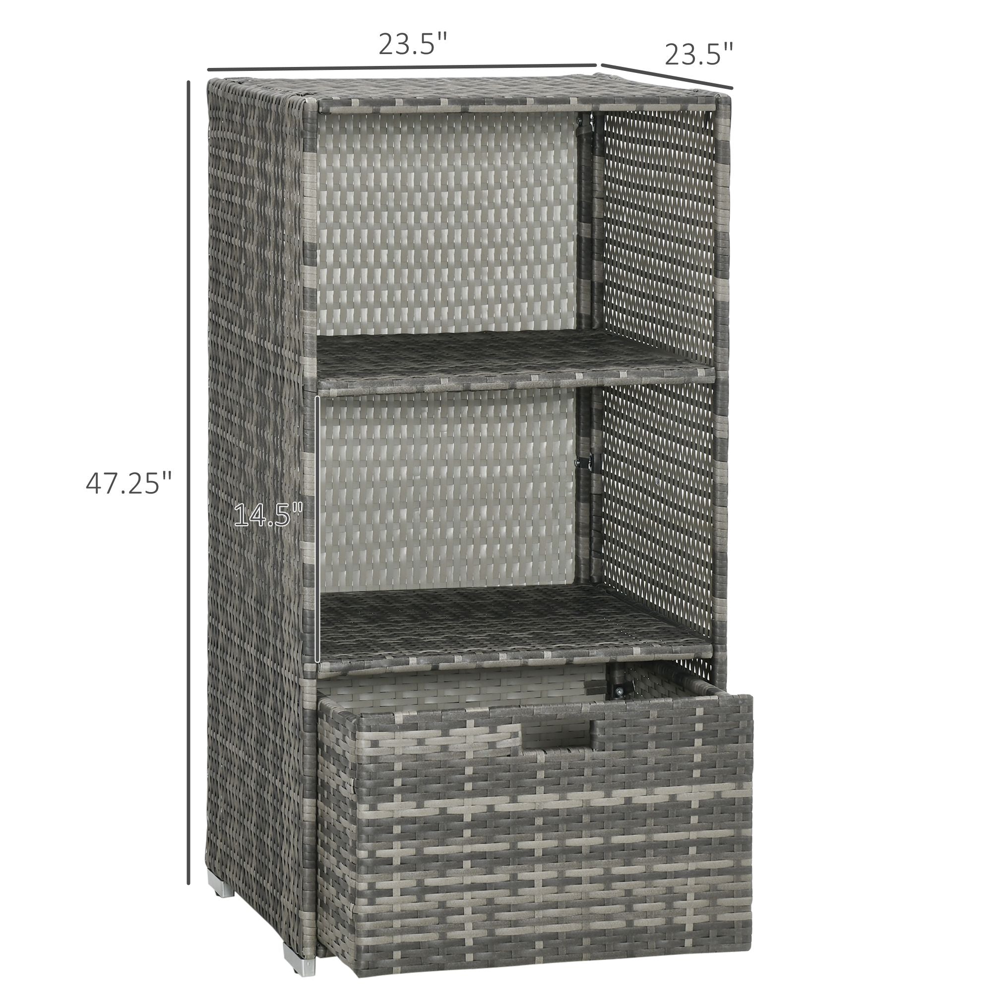Valet Pool Towel Rack, Waterproof PE Plastic Rattan Wicker Storage Organizer, Indoor Outdoor Spa, and Hot Tub Accessory Storage, 2 Shelves, 1 Basket Drawer, Gray