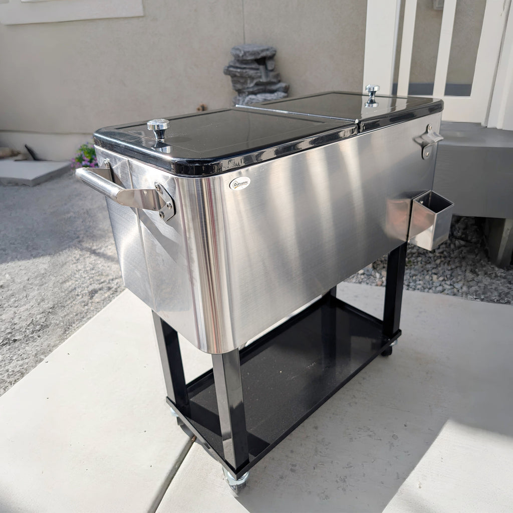 80 QT Rolling Cooling Bins Ice Chest on Wheels Outdoor Stand Up Drink Cooler Cart for Party, Silver