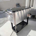 80 QT Rolling Cooling Bins Ice Chest on Wheels Outdoor Stand Up Drink Cooler Cart for Party, Silver