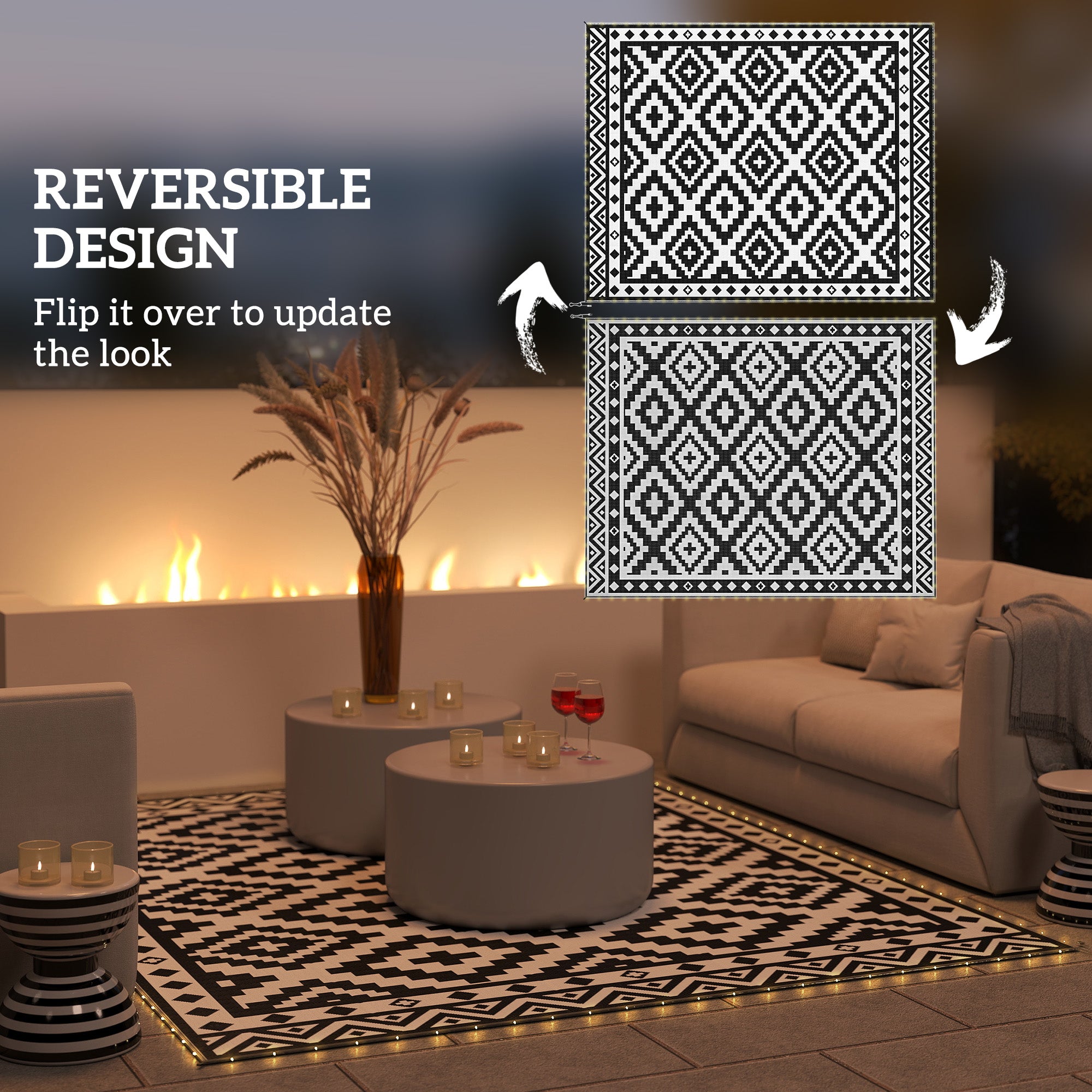 Outdoor Rug Carpet Reversible Plastic Straw Rug with LED Lights Black and White 10' x 8' for Patio