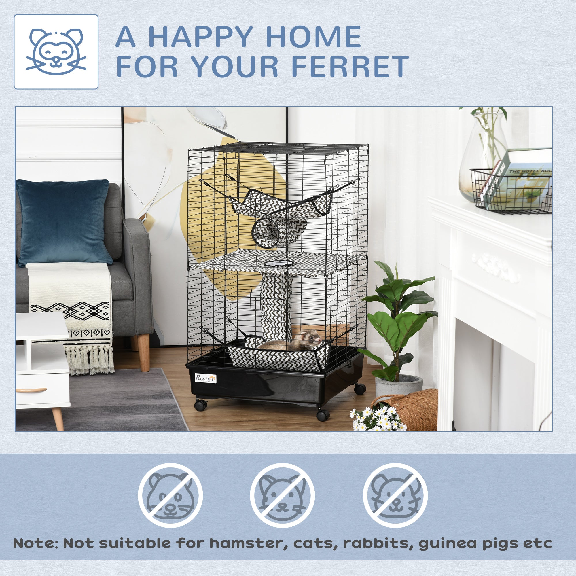 42" Ferret Cage, Small Animal Habitat Metal Pet Cage with Wheels Brakes, Hammocks, Hanging Tunnels, and 3 Doors, Black