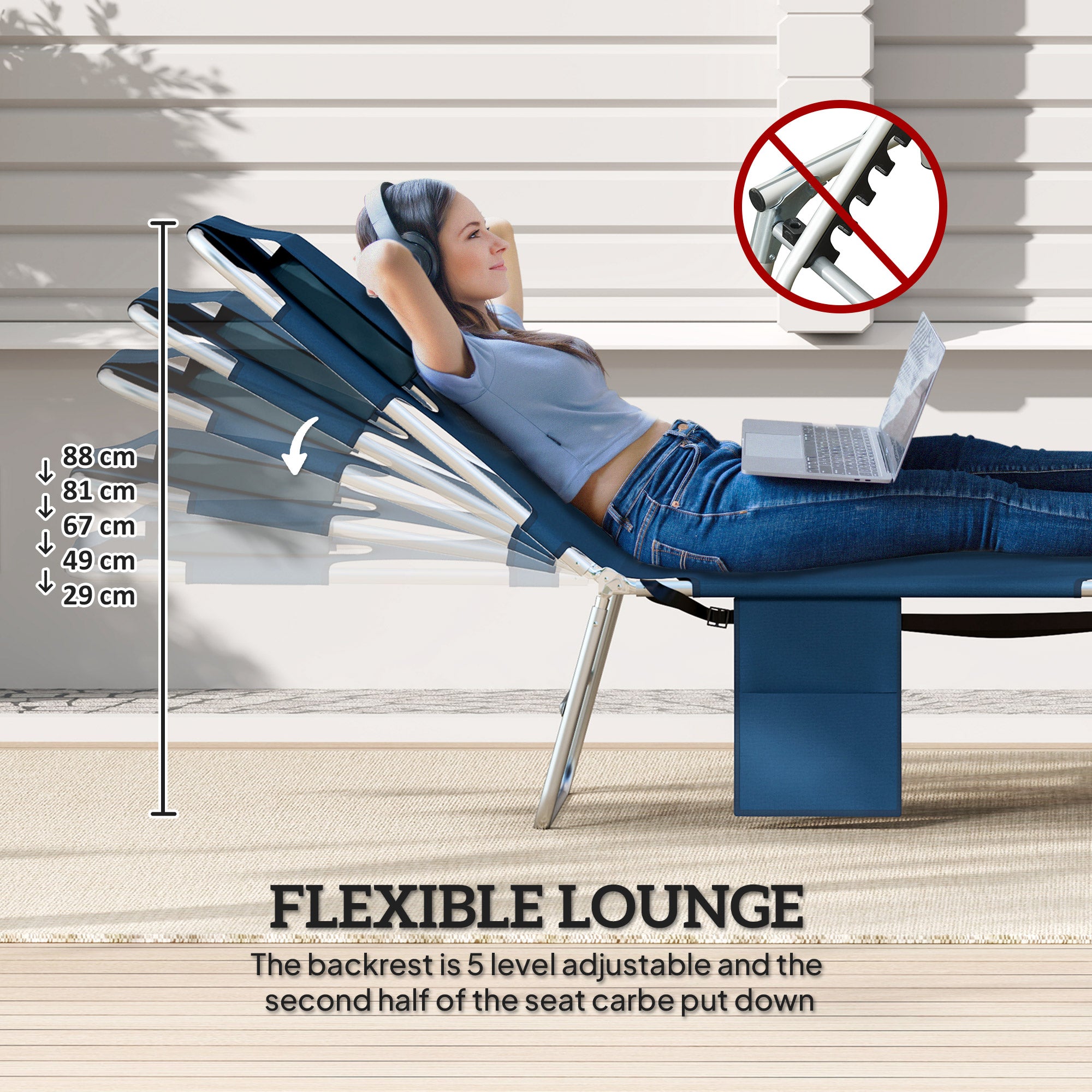 2 Tanning Chairs with Face Hole, 5-Level Adjustable Outdoor Chaise Lounge Chair with Pillow for Beach, Pool, Dark Blue