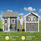 Outdoor Wooden Playhouse for Kids with Floor, Door, Windows, Planter Box for 3-8 Years Old, Backyard, Lawn, Garden