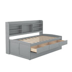 Classic Style Twin Size Wooden Captain Bed with Built-in Bookshelves, 3 Storage Drawers, and Trundle, 77.5" L x 88" W x 47" H, Grey