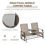 Outdoor Glider Bench with Center Table, Metal Frame Patio Loveseat with Breathable Mesh Fabric and Armrests for Backyard Garden Porch, Brown