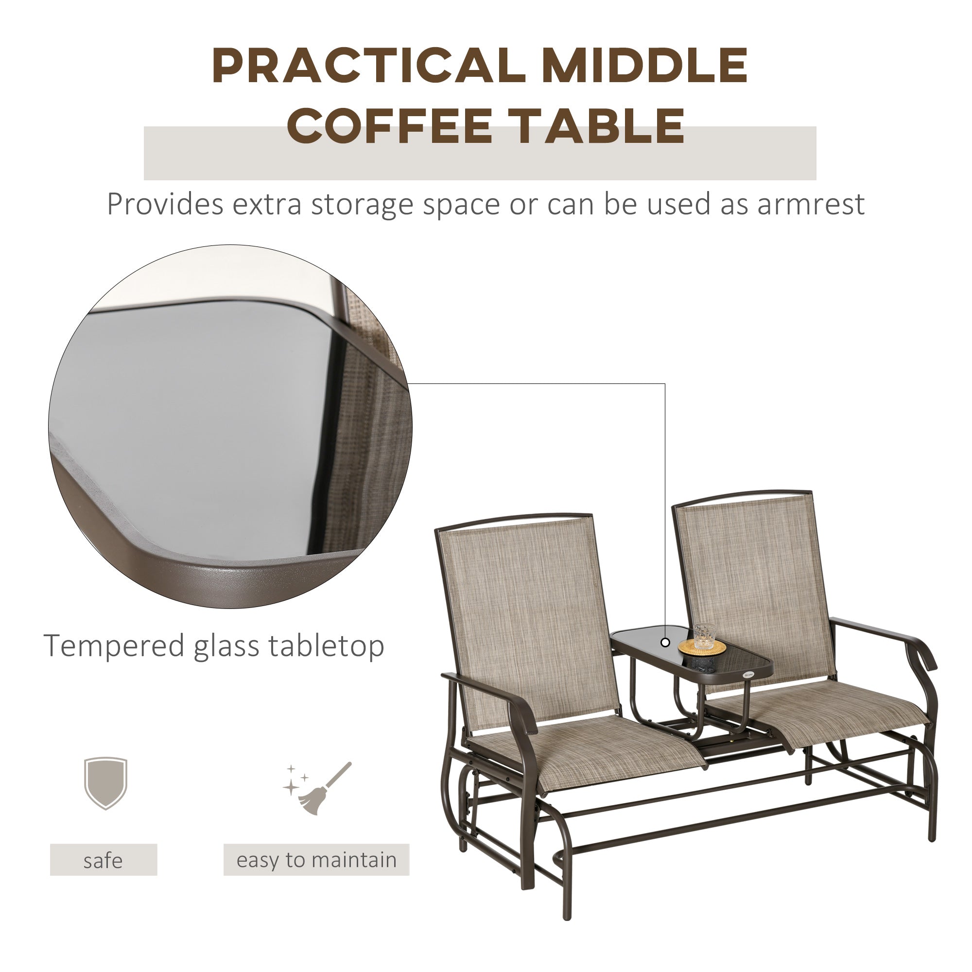 Outdoor Glider Bench with Center Table, Metal Frame Patio Loveseat with Breathable Mesh Fabric and Armrests for Backyard Garden Porch, Brown