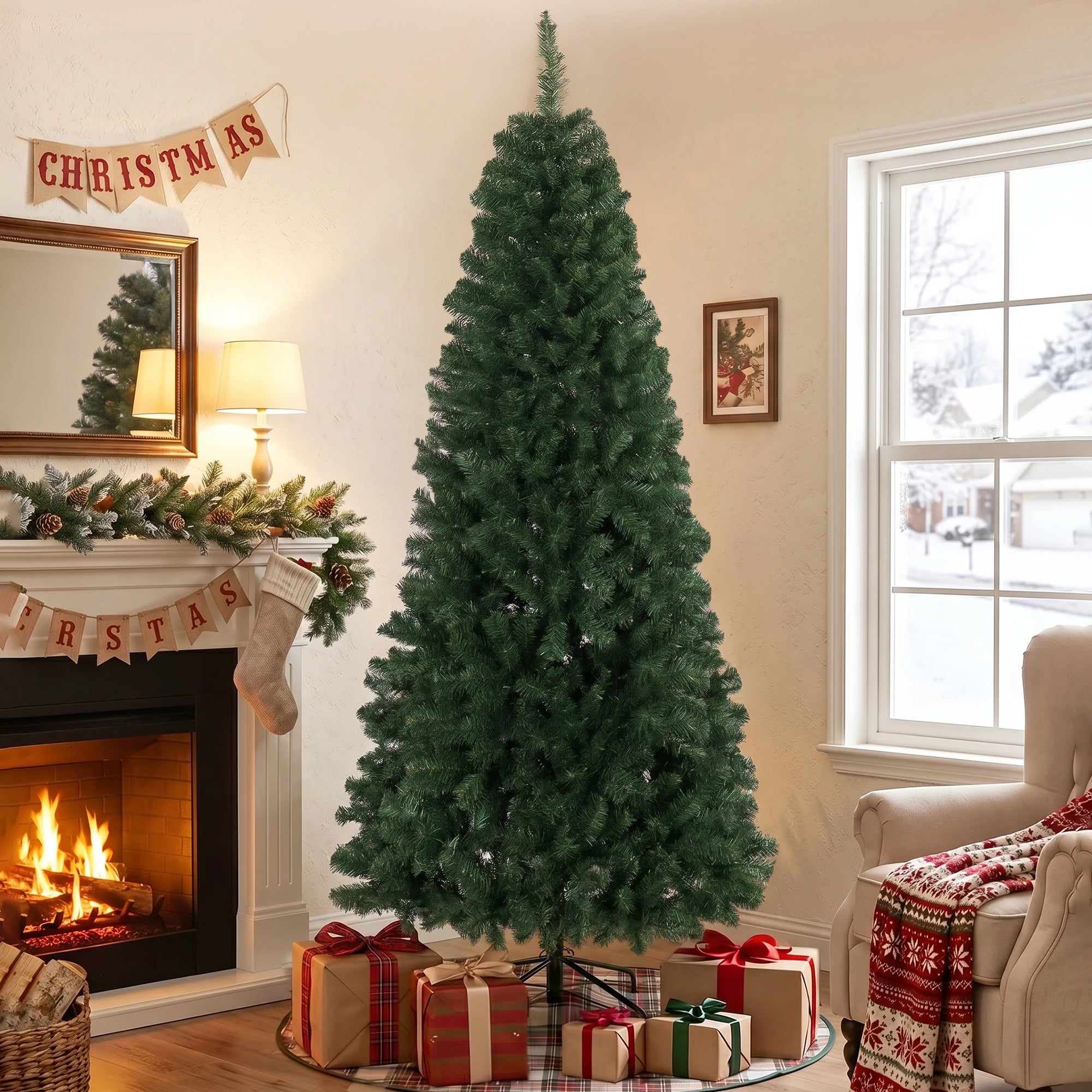 7.5 ft Artificial Christmas Tree, Norway Spruce Tree, Hinged Xmas Tree with Metal Stand