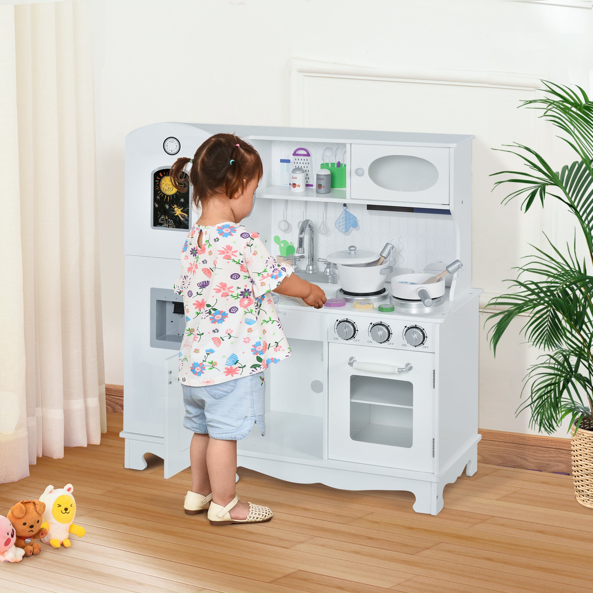 Kids Kitchen Playset with Telephone, Wooden Kitchenette for kids with Cookware, Storage Cabinet, Water Dispenser, Blackboard, Toddler Pretend Play Kitchen with Cooking Accessories for Aged 3+