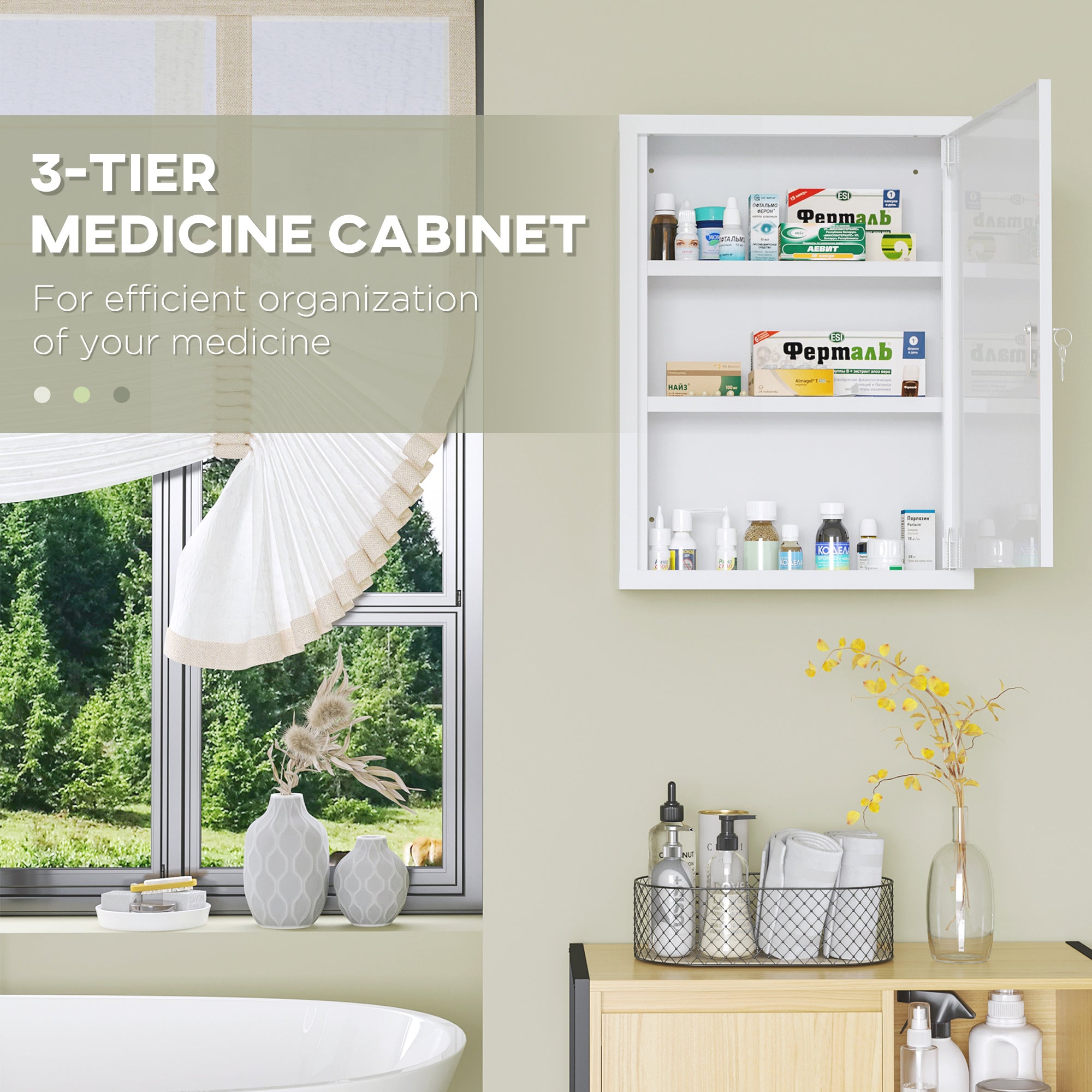 16" x 21" Lockable Medicine Cabinet, 3 Tier Steel Medical Wall Box with 2 Keys and Shelves for Bathroom, White
