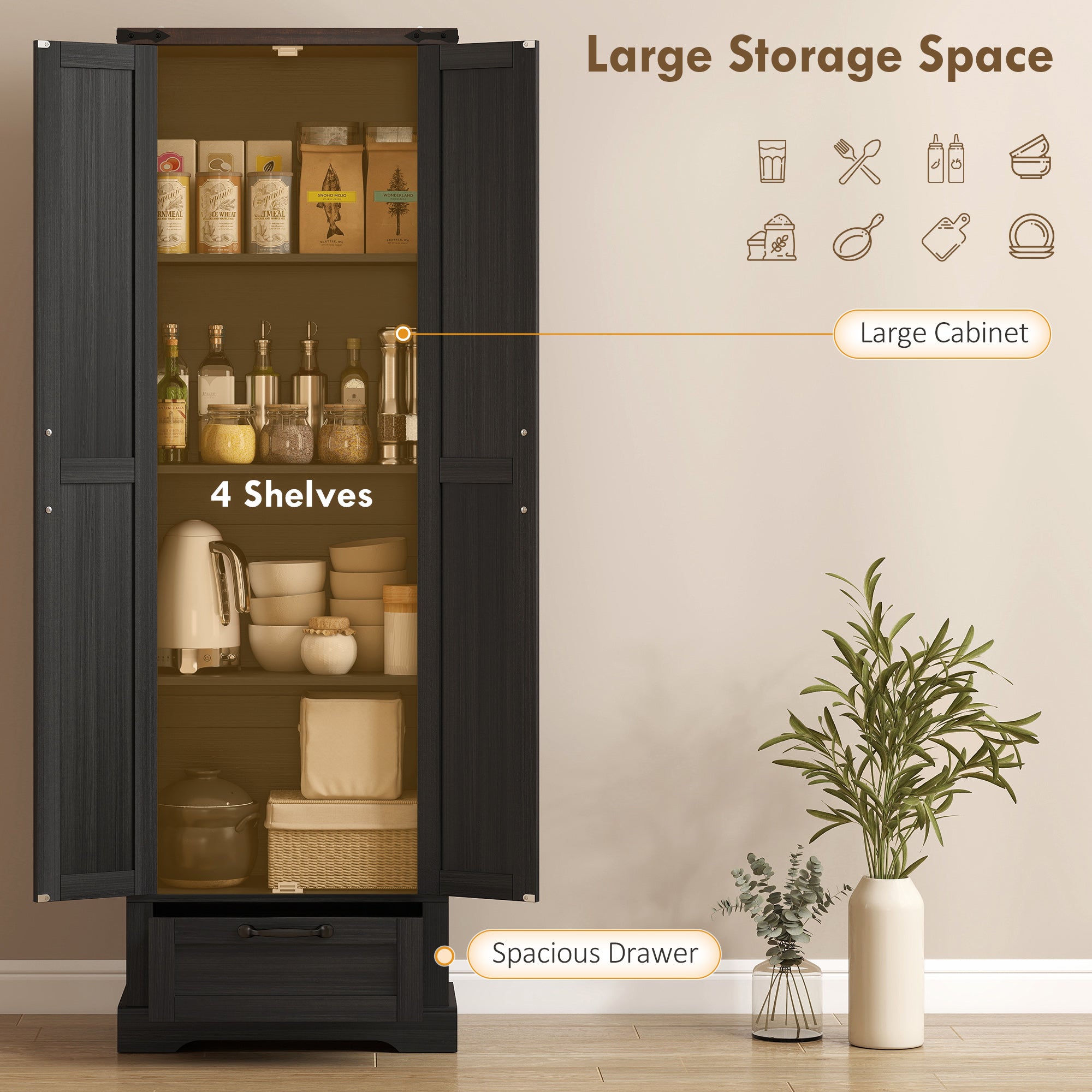 71" Pantry Cabinet, Kitchen Storage Cabinet with Adjustable Shelves, Barn Doors and Drawer for Dining Room, Black