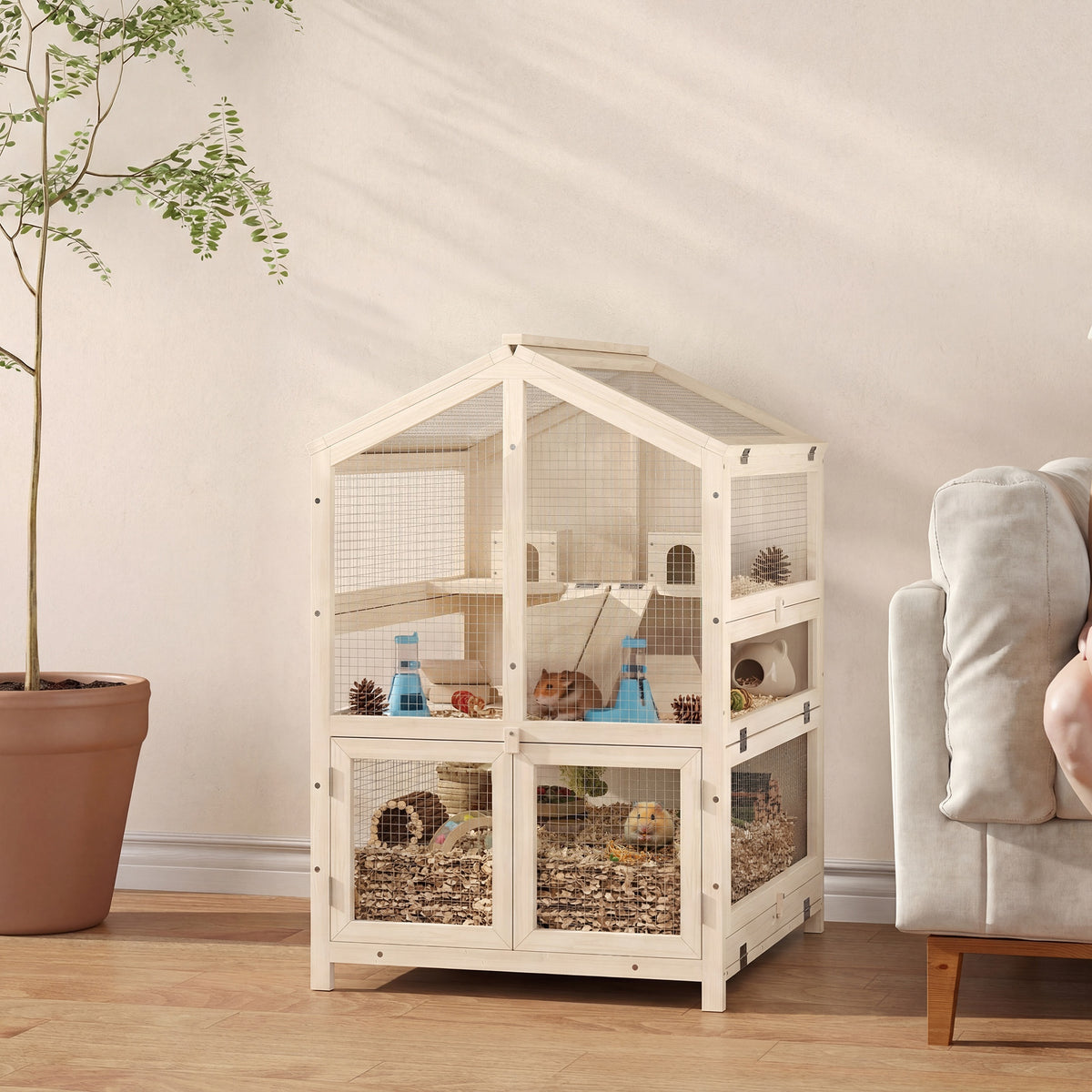 Wooden Hamster Cage, Large 3 Tier Hamster Cage w/ Pull-Out Tray, Openable Top, Hut, Seesaws, 26.8"L x 24.2"W x 35.4"H