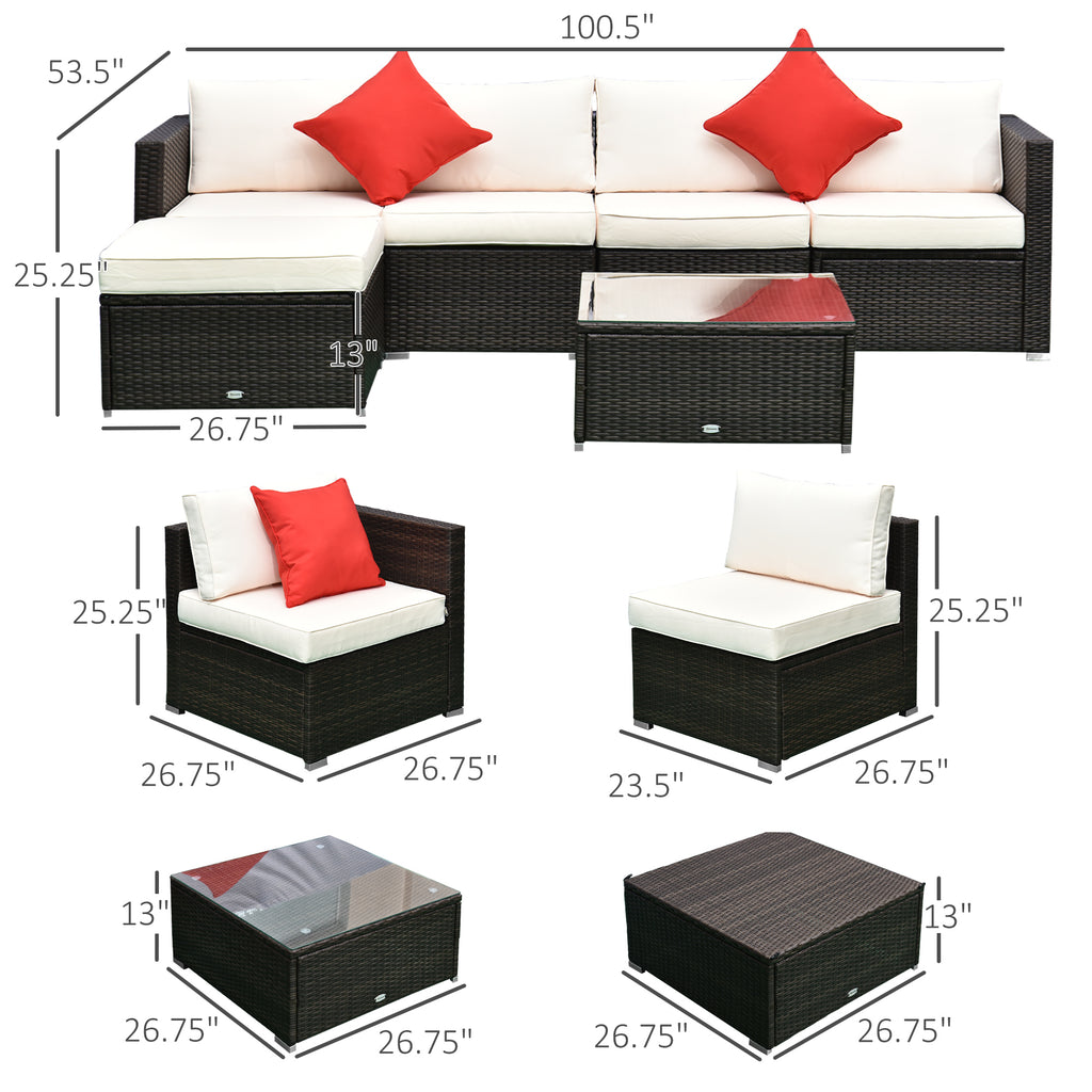 6 Piece Patio Furniture Set Outdoor Wicker Conversation Set All Weather PE Rattan Sectional Sofa Set with Ottoman, Cushions and Tempered Glass Table, Mixed Brown and Cream White