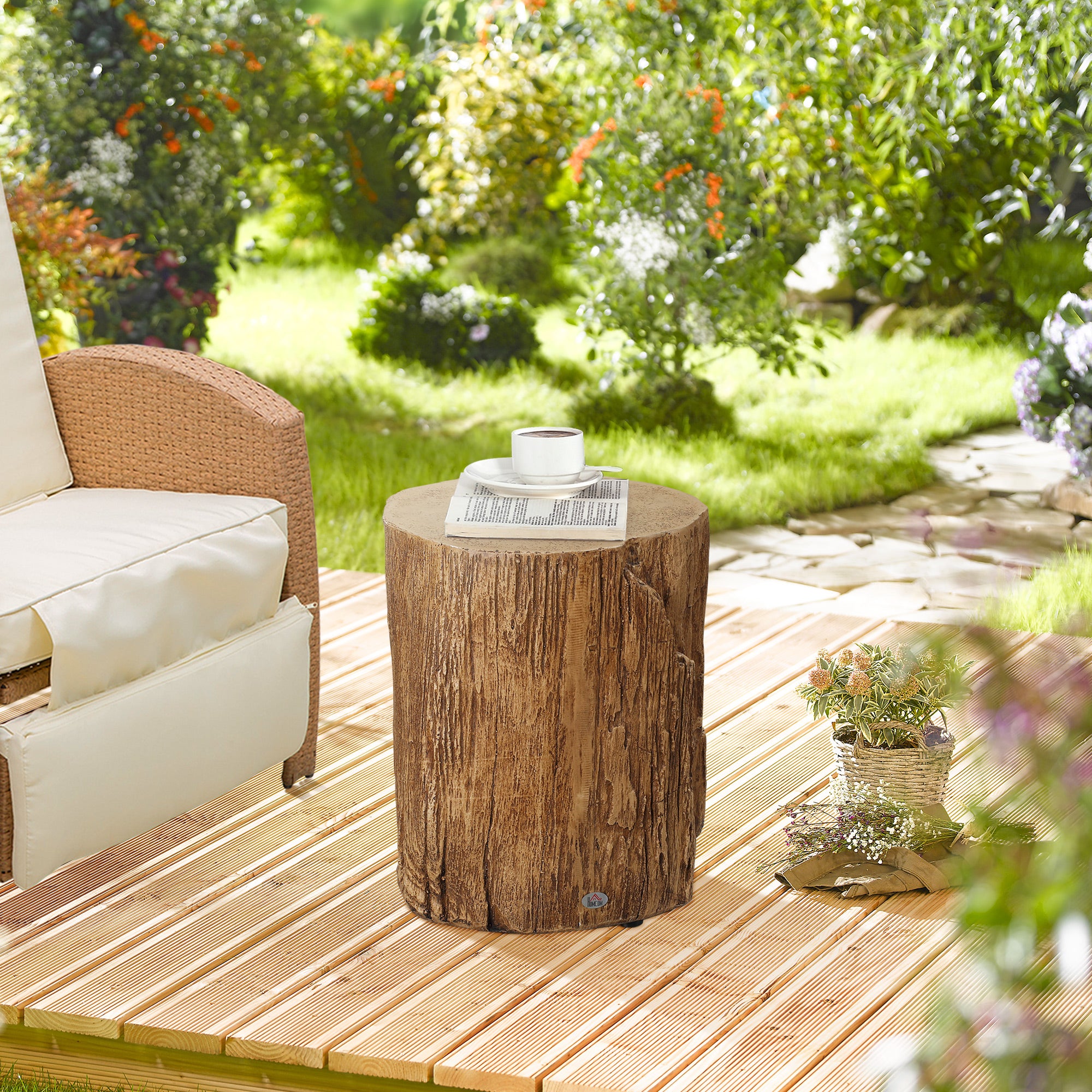 Concrete End Table, Tree Stump Shape Side Table for Indoors and Outdoors, Set of 2, Natural