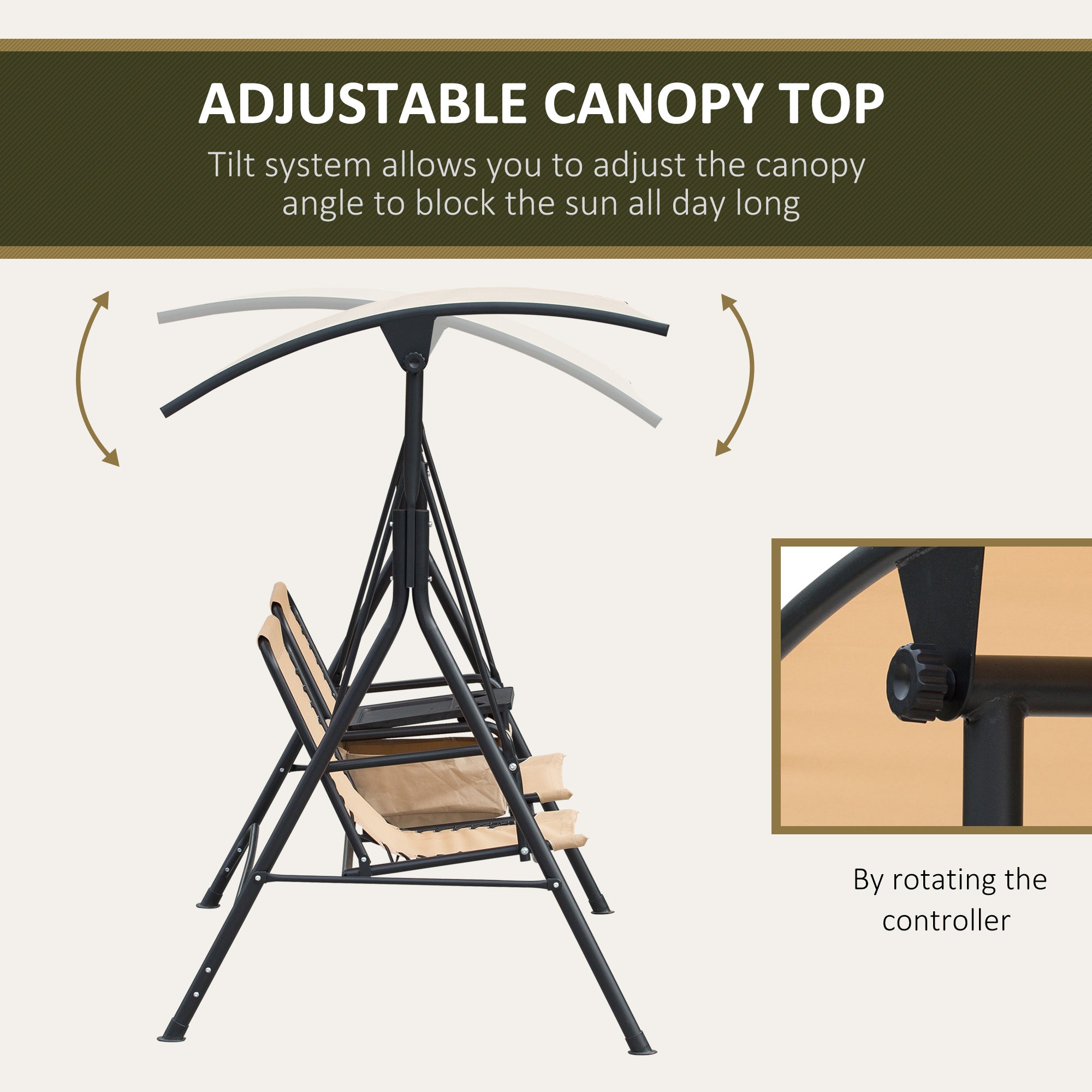 2 Person Porch Swing with Canopy, Storage Table, Cup Holder, Beige