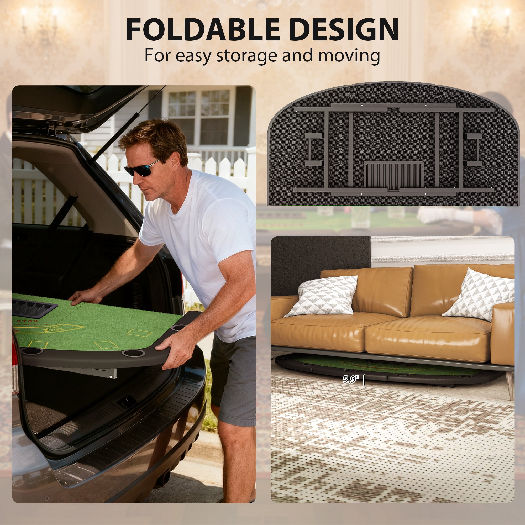 Poker Table Foldable, 72" Portable Casino Blackjack Table for 8 Players with Felt Surface, Cup Holders, Green