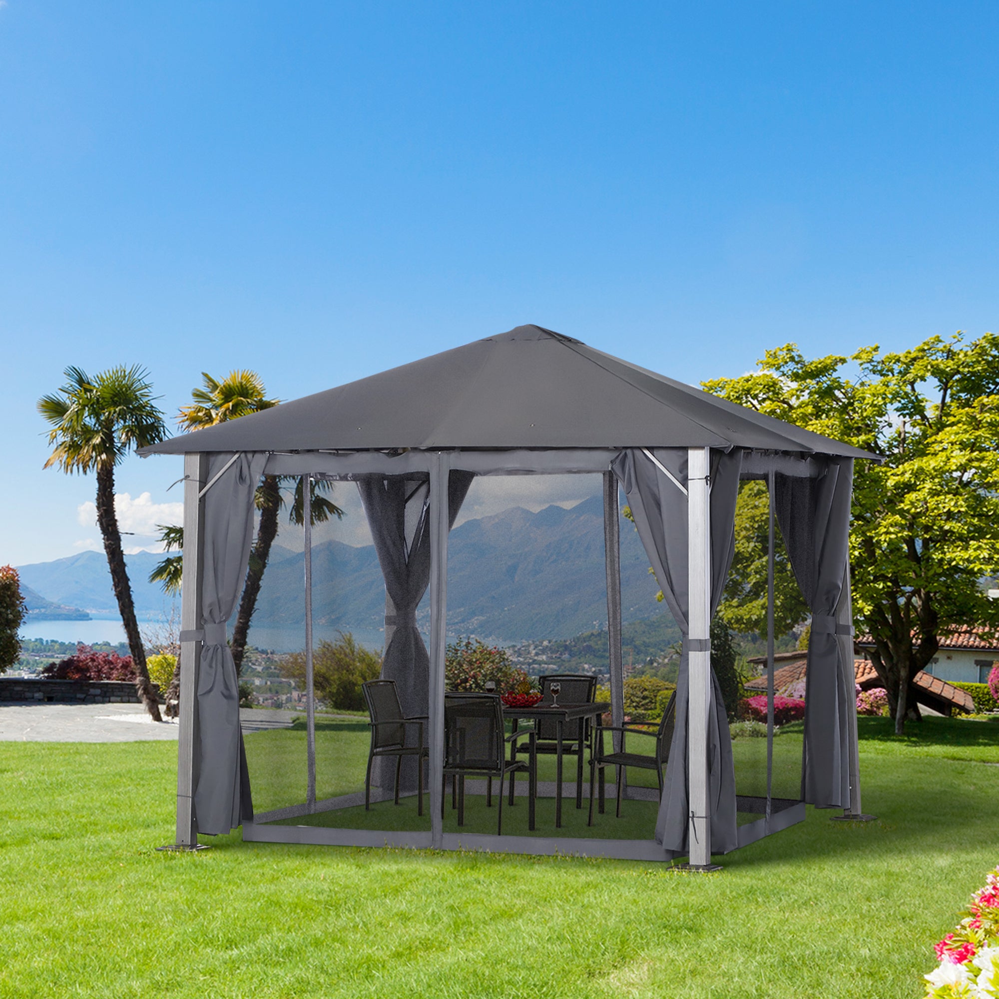 10' x 10' Patio Gazebo, Outdoor Gazebo Canopy Shelter with Netting & Curtains, Vented Roof, for Garden, Lawn, Backyard and Deck, Dark Gray