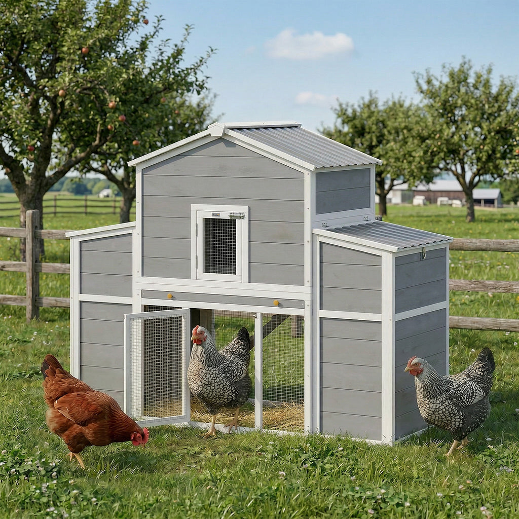 66.5" Large Chicken Coop, Wooden Chicken House with 2 Nesting Boxes, Sliding Tray & Ramp, for Backyard Farm