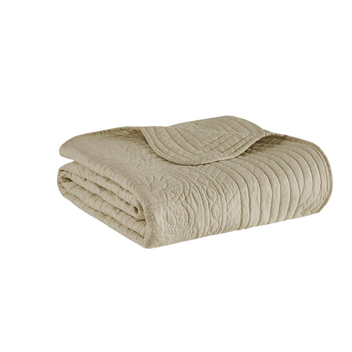Oversized Quilted Throw with Scalloped Edges, Microfiber Face, Cotton Filled Blanket for Living Room, Bedroom, 72" L x 60" W x 0.25" H, Khaki
