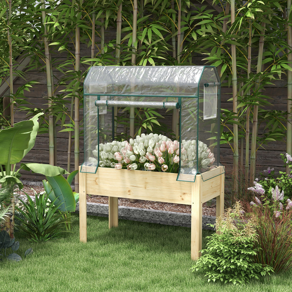 Raised Garden Bed with Plastic Greenhouse Cover Outdoor Planter Box for Herbs and Vegetables, 45x24x65 inch Natural