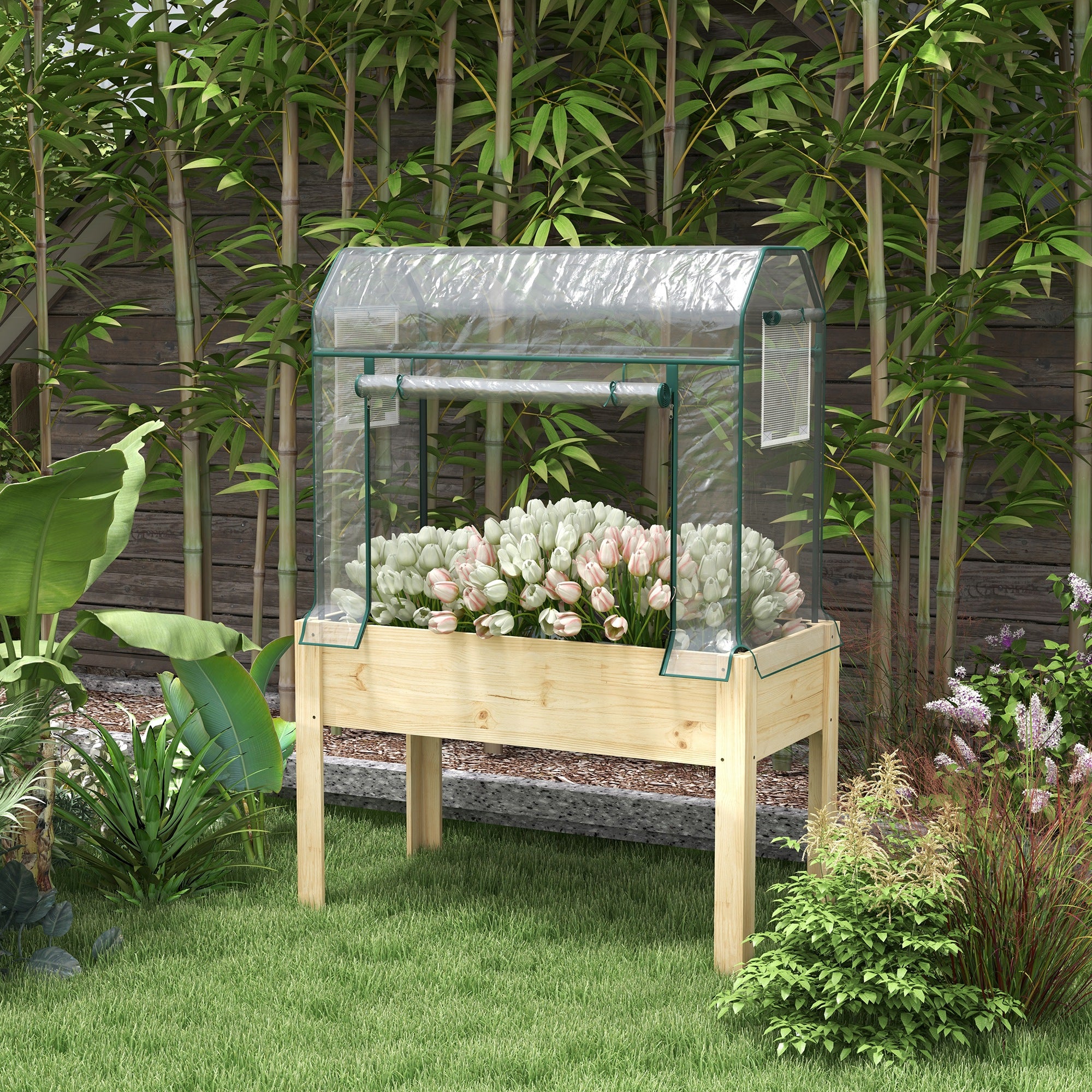 Raised Garden Bed with Plastic Greenhouse Cover Outdoor Planter Box for Herbs and Vegetables, 45x24x65 inch Natural