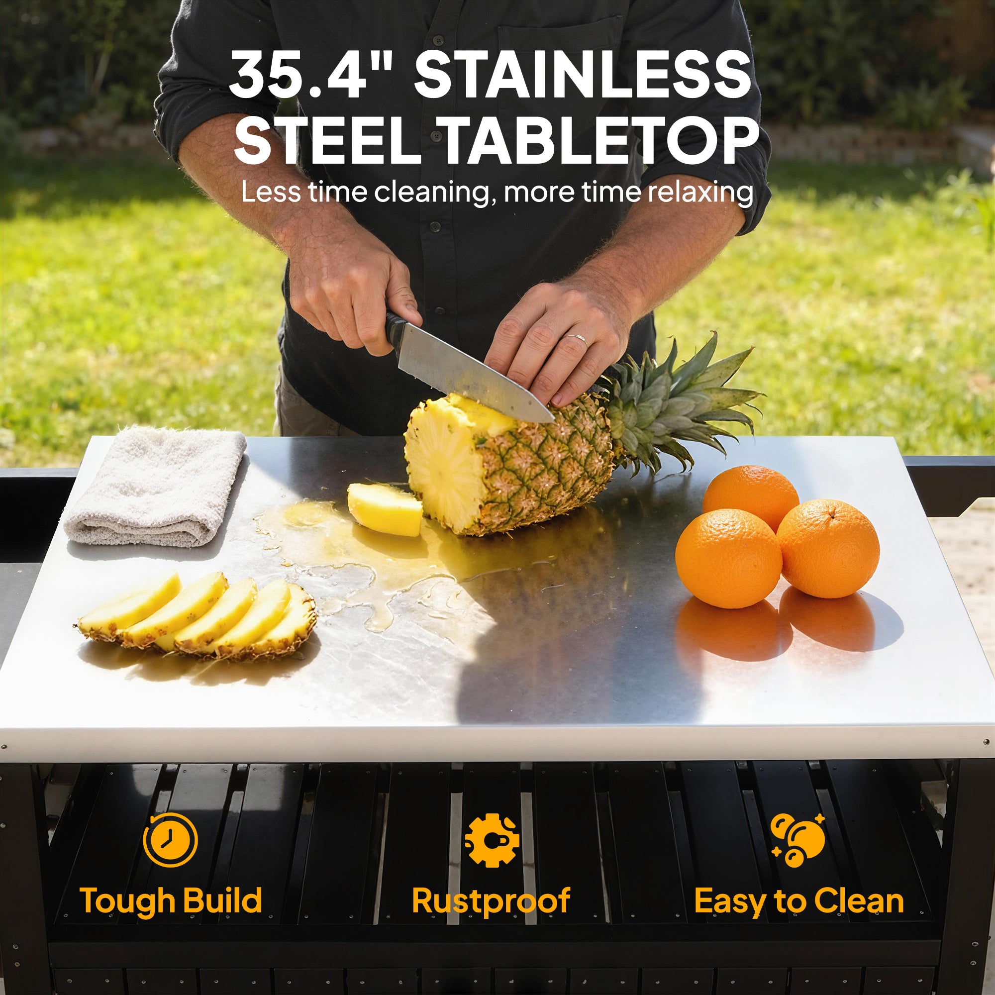 Outdoor Bar Cart with Storage, Stainless Steel Outdoor Bar Table Top, Wheeled HDPE Kitchen Island for Food Prep, Black