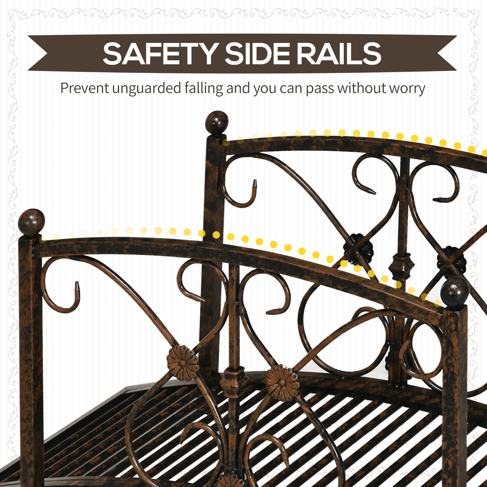 3.3' Metal Garden Bridge, Decorative Classic Footbridge Pond Bridge with Safety Railings for Backyard Garden Creek, Rust Brown