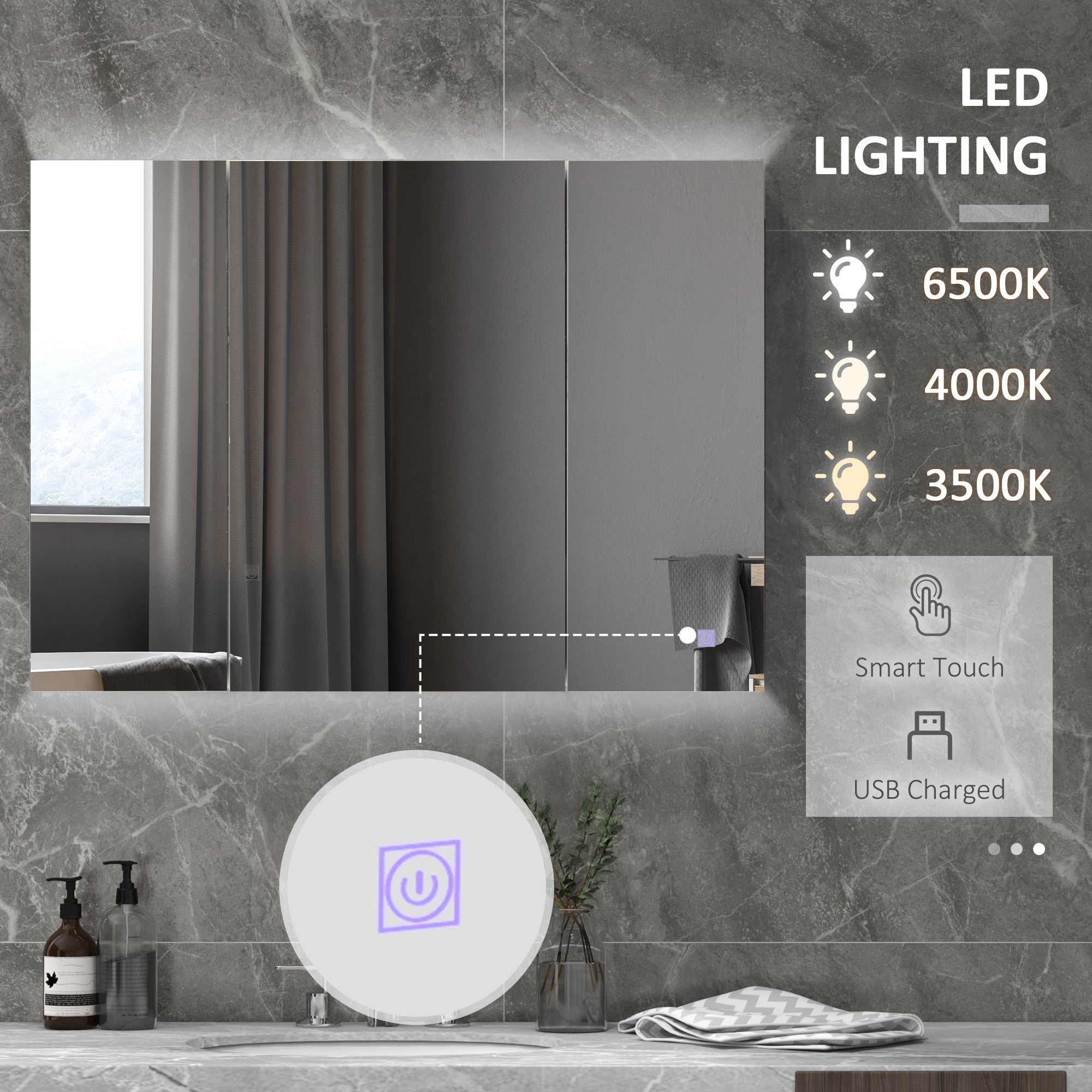 Bathroom Mirror Cabinet with Light, Bathroom Storage Cupboard with USB Charge, Adjustable Shelf, 35.5"W x 25.5"H, White