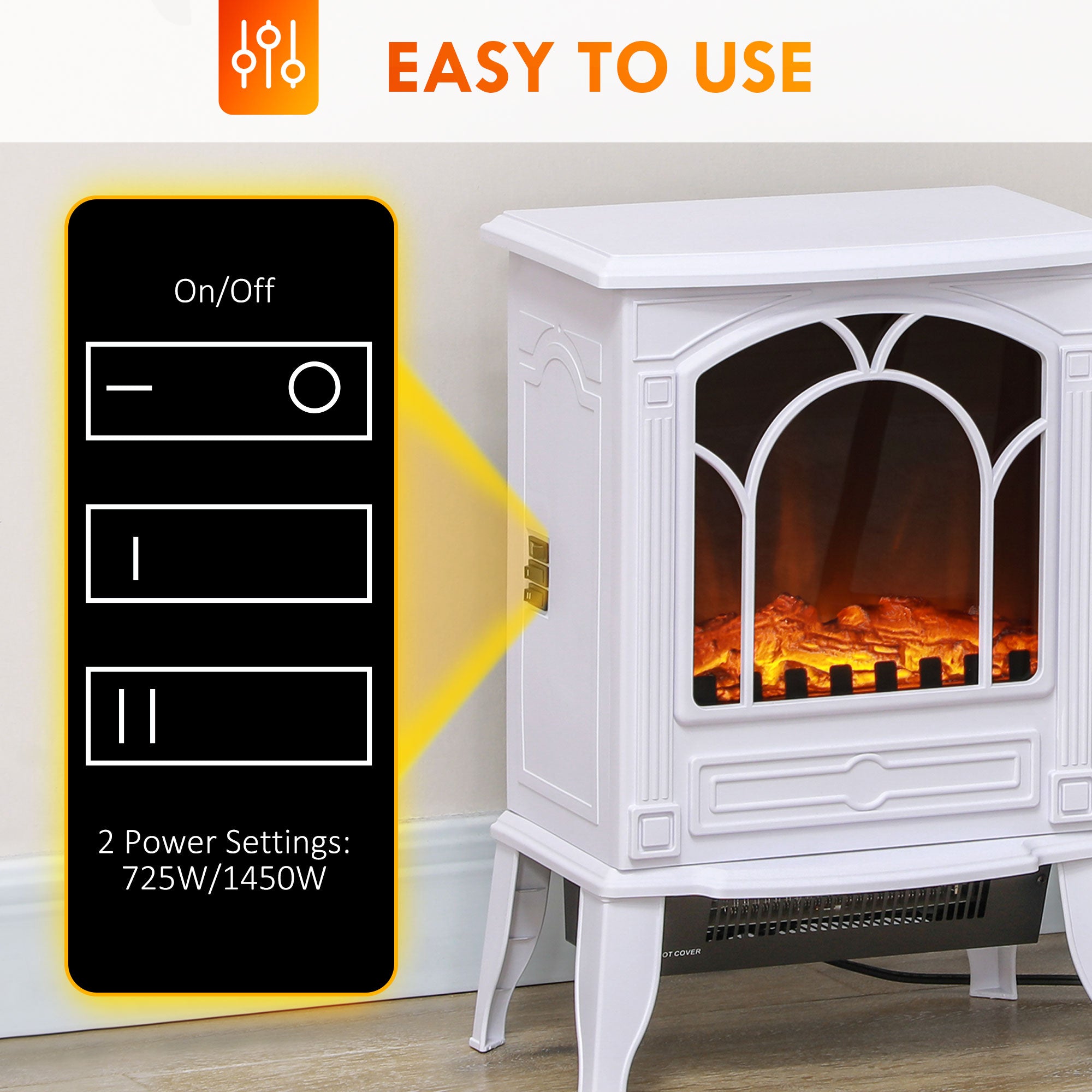Electric Fireplace Heater, Freestanding Fireplace Stove with Realistic Flame Effect Overheat Protection 725W/1450W White