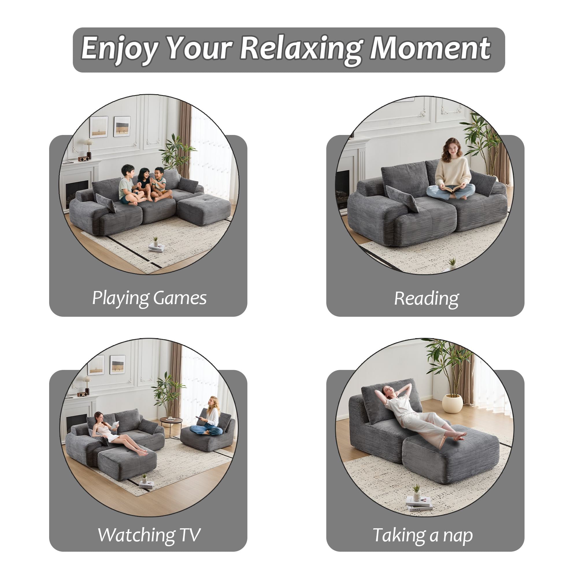 Compressed Sofa Modern Memory Foam Sectional, Pet-Friendly Corduroy Couch, Extra Deep Loveseat for Living Room, 120" L x 71" W x 28.5" H, Grey
