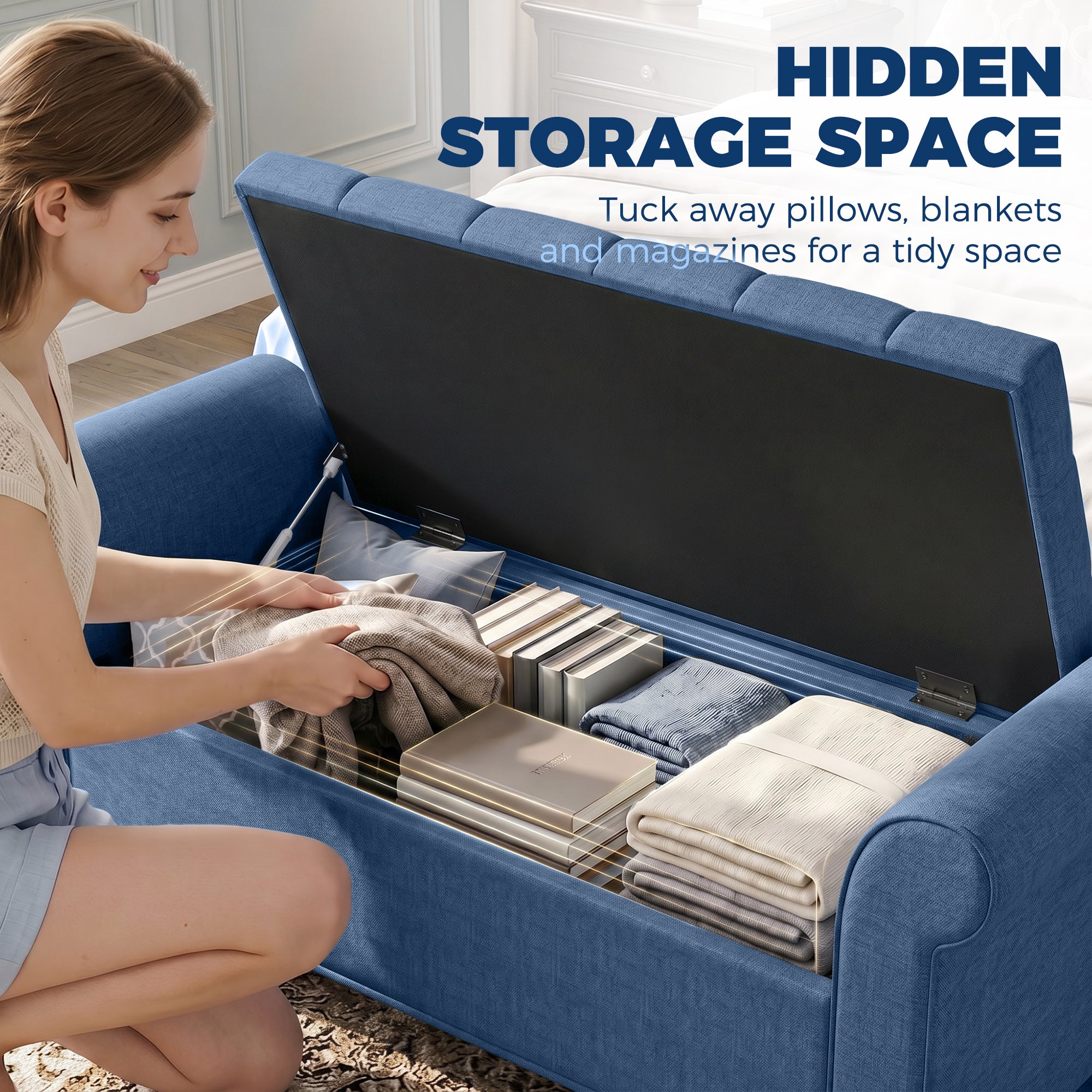 47" Storage Ottoman Bench, Tufted End of Bed Bench with Rolled Arms, Safety Hinge, Wood Legs for Bedroom, Blue