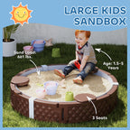 47" Round Kids Sandbox with Cover, 3 Seats, Waterproof Bottom Liner, for Backyard, Lawn, Garden, Beach, Patio, Brown
