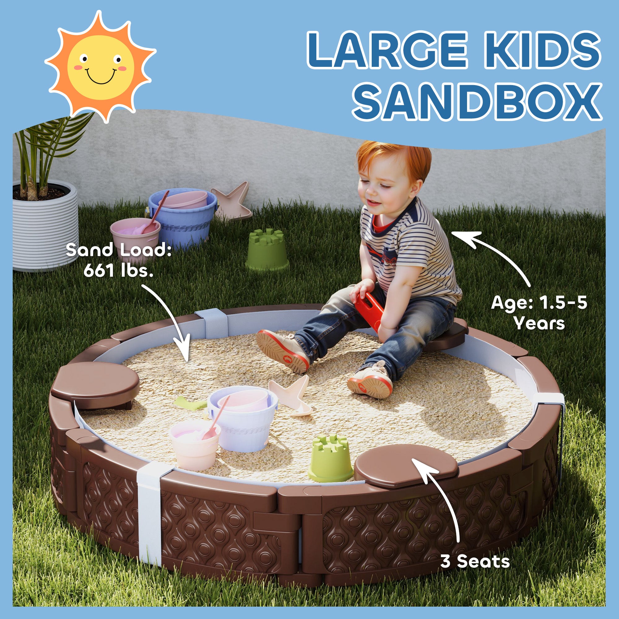 47" Round Kids Sandbox with Cover, 3 Seats, Waterproof Bottom Liner, for Backyard, Lawn, Garden, Beach, Patio, Brown