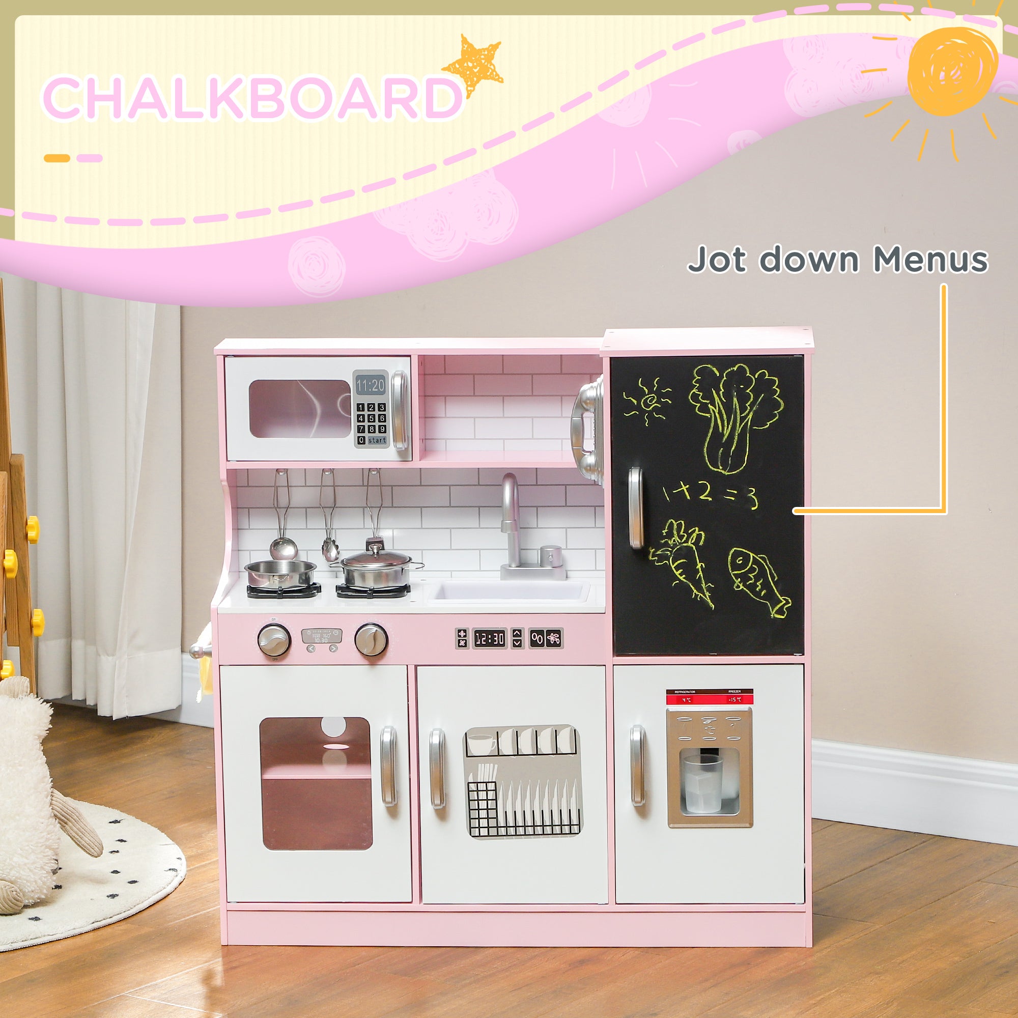 Pretend Play Kitchen, Kids Kitchen Playset with Play Phone, Chalkboard, Towel Rack & Ice Maker for 3-8 Years Pink