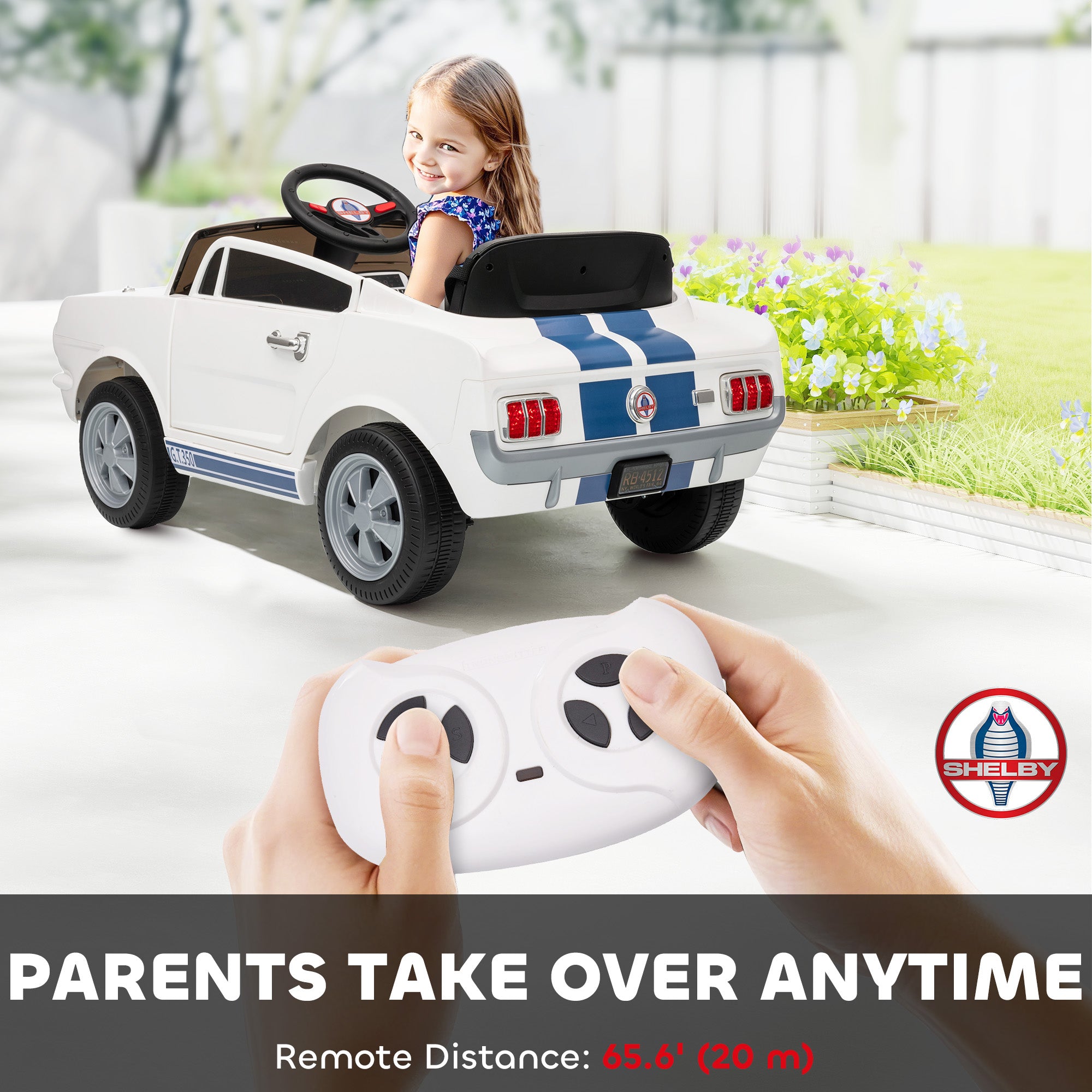 Licensed Shelby GT 350 Kids Ride On Car with Remote Control, Adjustable Speed, MP3, Smooth Start, LED Lights, White