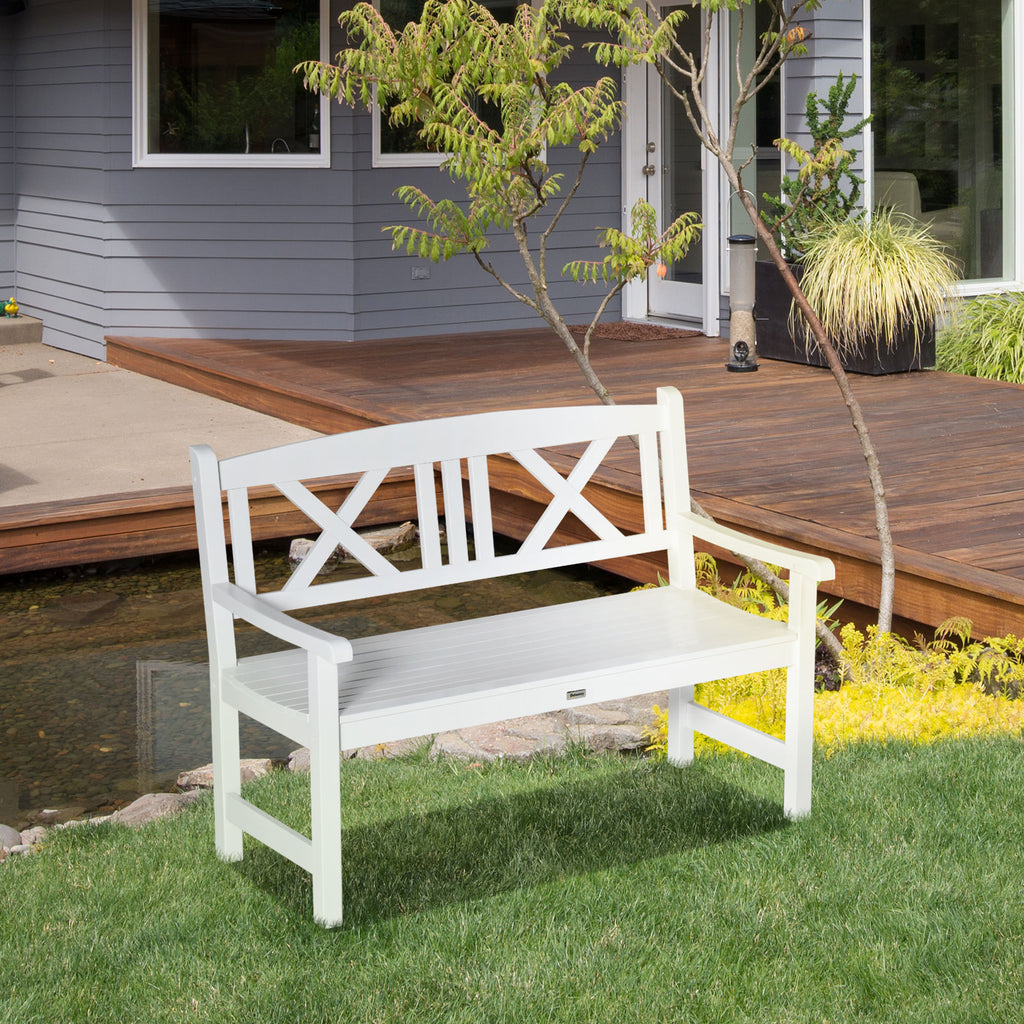 2-Seater Wooden Garden Bench, 4FT Outdoor Patio Loveseat with Unique X-Shape Back for Yard, Lawn, Porch, White