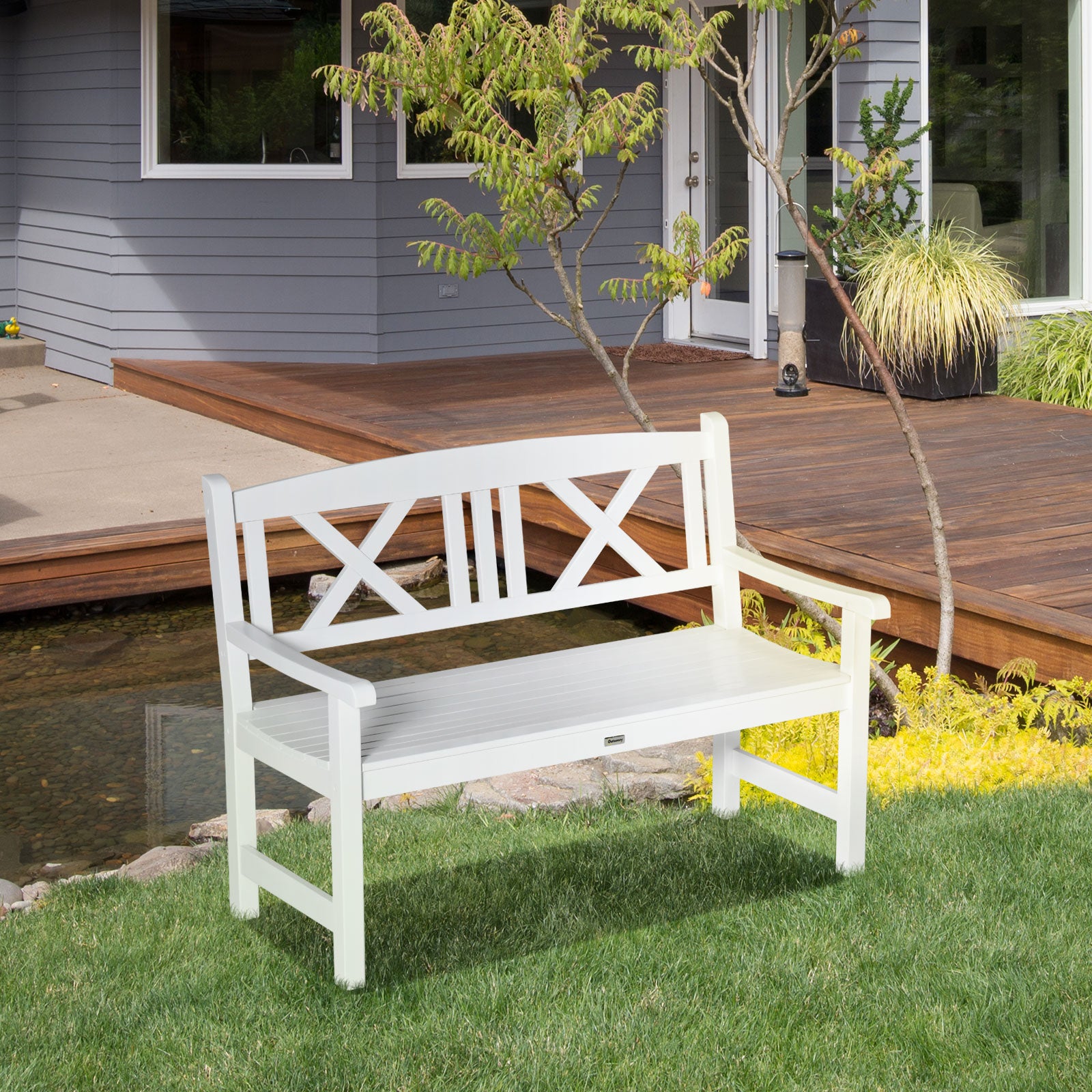2-Seater Wooden Garden Bench, 4FT Outdoor Patio Loveseat with Unique X-Shape Back for Yard, Lawn, Porch, White