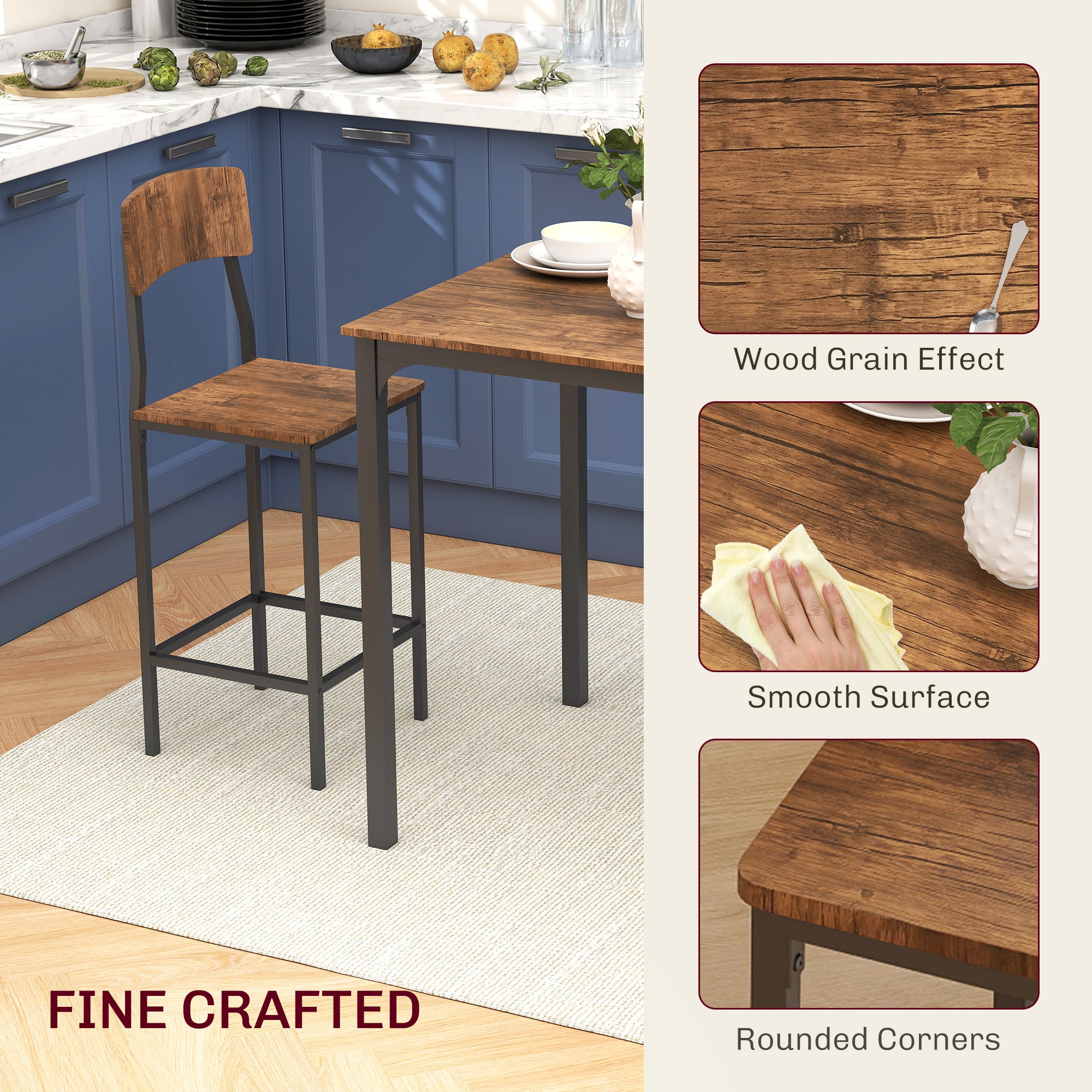 3 Piece Pub Table and Chairs, Small Kitchen Table and Chairs, Square Dining Table with 2 Stools, Walnut and Black
