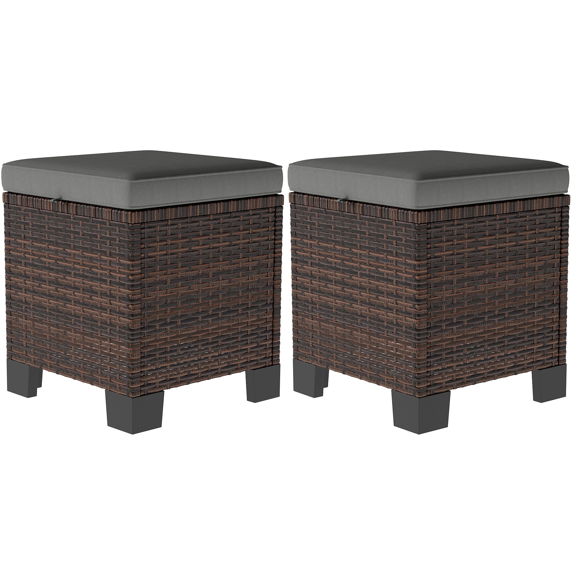 2 Piece Wicker Outdoor Ottomans with Cushions, Rattan Ottoman Footrest and Side Table for Patio, Yard, Poolside, Gray