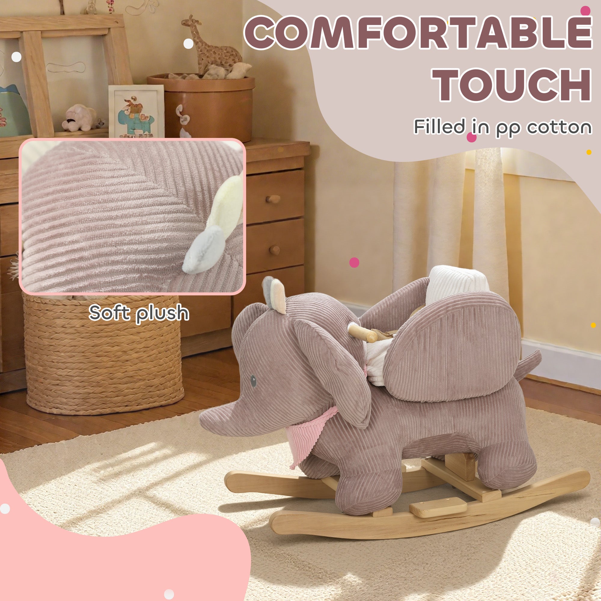 Baby Rocking Horse with Seat, Kids Ride On Toy with Realistic Elephant Sound and Safety Belt for 18 to 36 Months, Pink