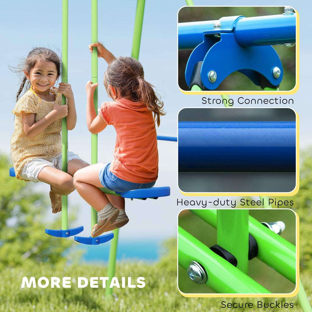 Metal Swing Set with Glider, Two Swing Seats and Adjustable Height, Outdoor Heavy Duty A-Frame Suitable for Playground, Backyard, Green
