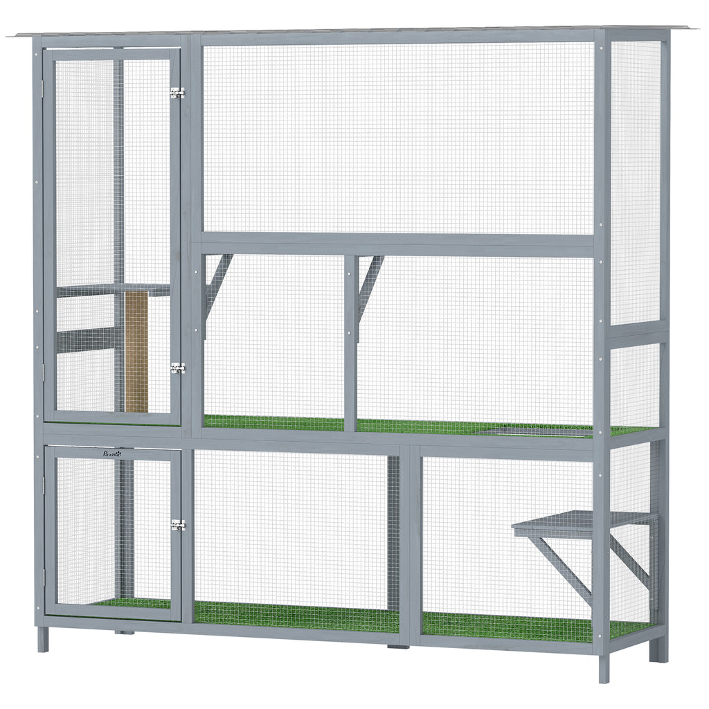 Catio Outdoor Cat Enclosure, 77" H Wooden Cat House with Weatherproof Roof, Platforms and Scratching Post