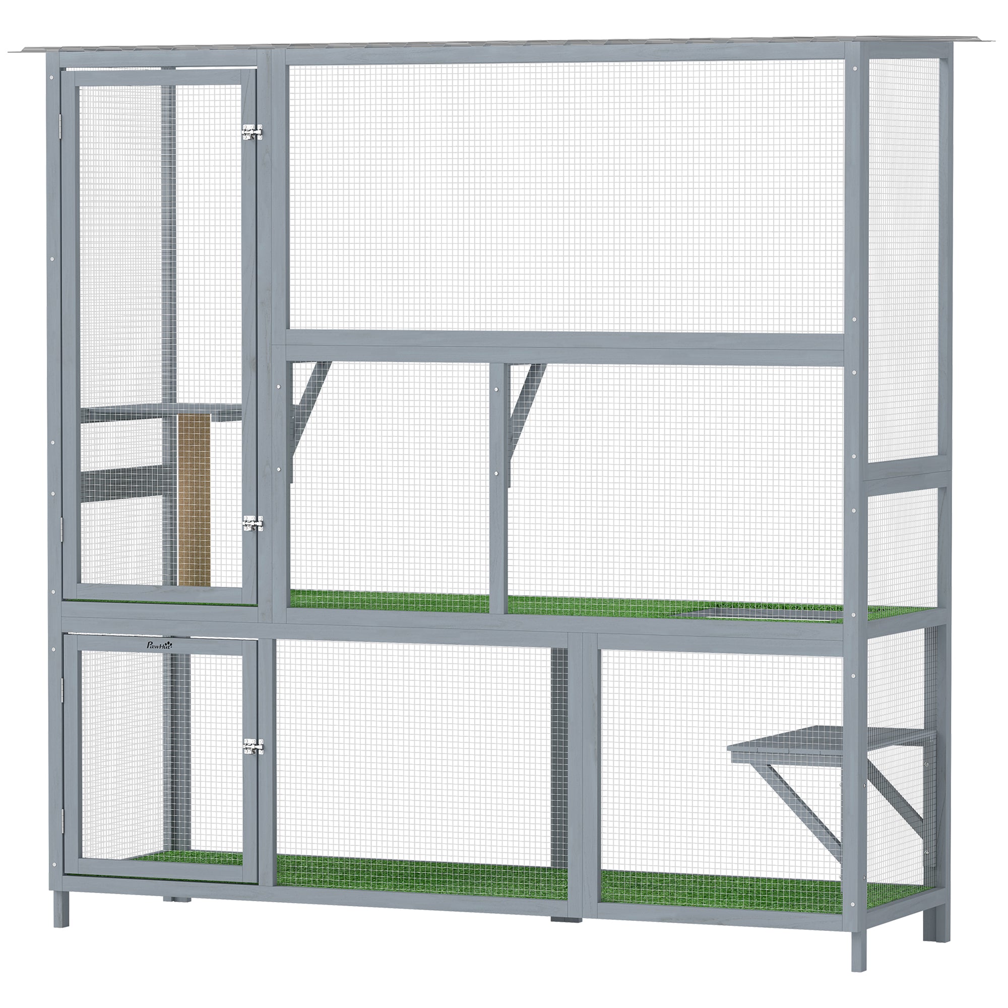 Catio Outdoor Cat Enclosure, 77" H Wooden Cat House with Weatherproof Roof, Platforms and Scratching Post