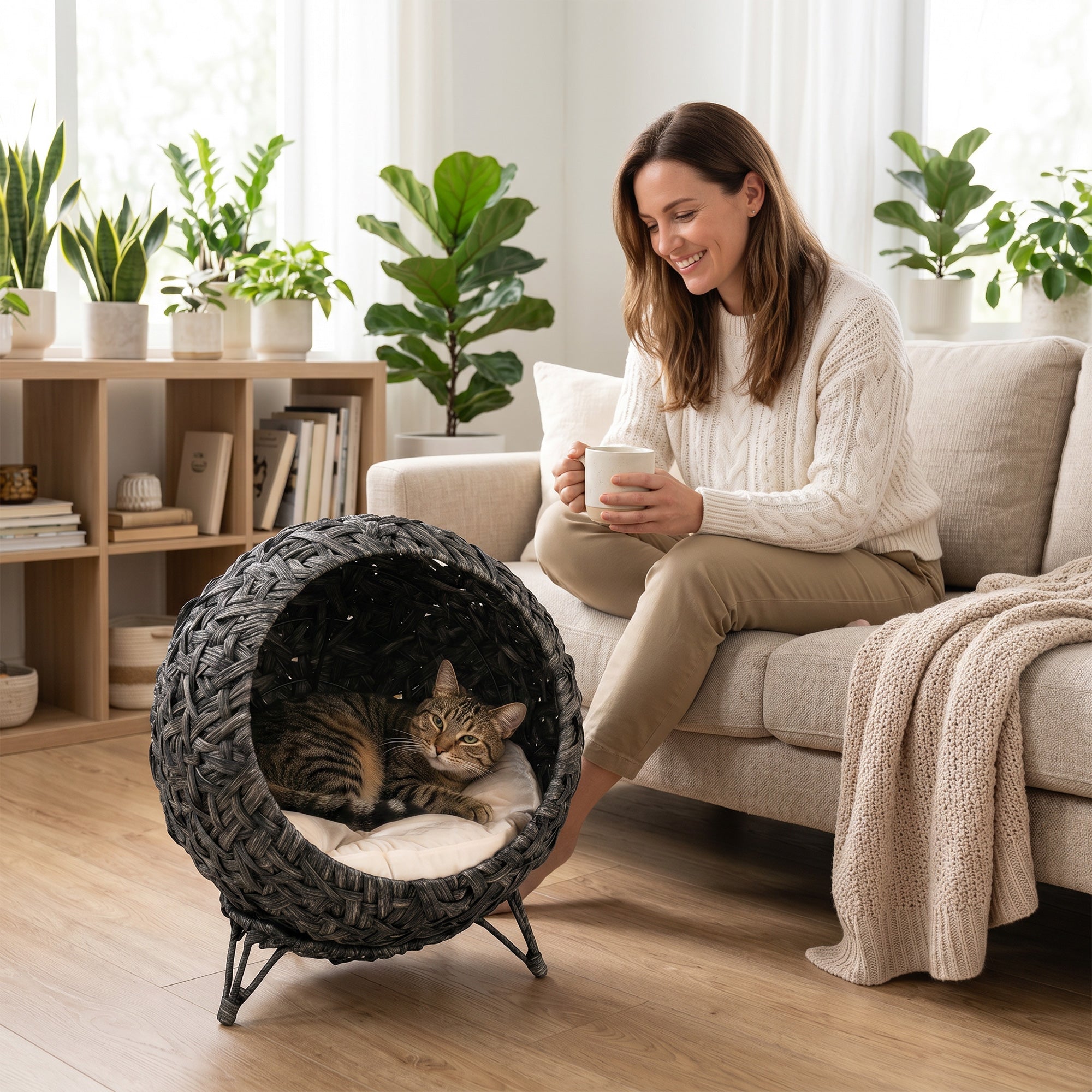Rattan Cat Bed, Elevated Handwoven Cat Basket Bed with Soft Cushion and Metal Base