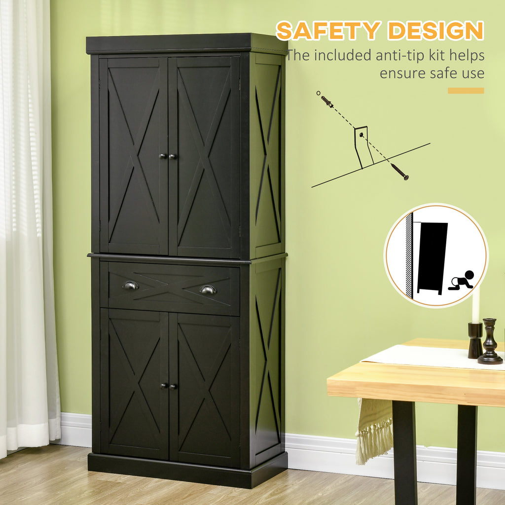 72" Kitchen Pantry Storage Cabinet, Traditional Freestanding Pantry Cabinet with 4 Doors and 2 Adjustable Shelves, Large Central Drawer, X-Frame, Black