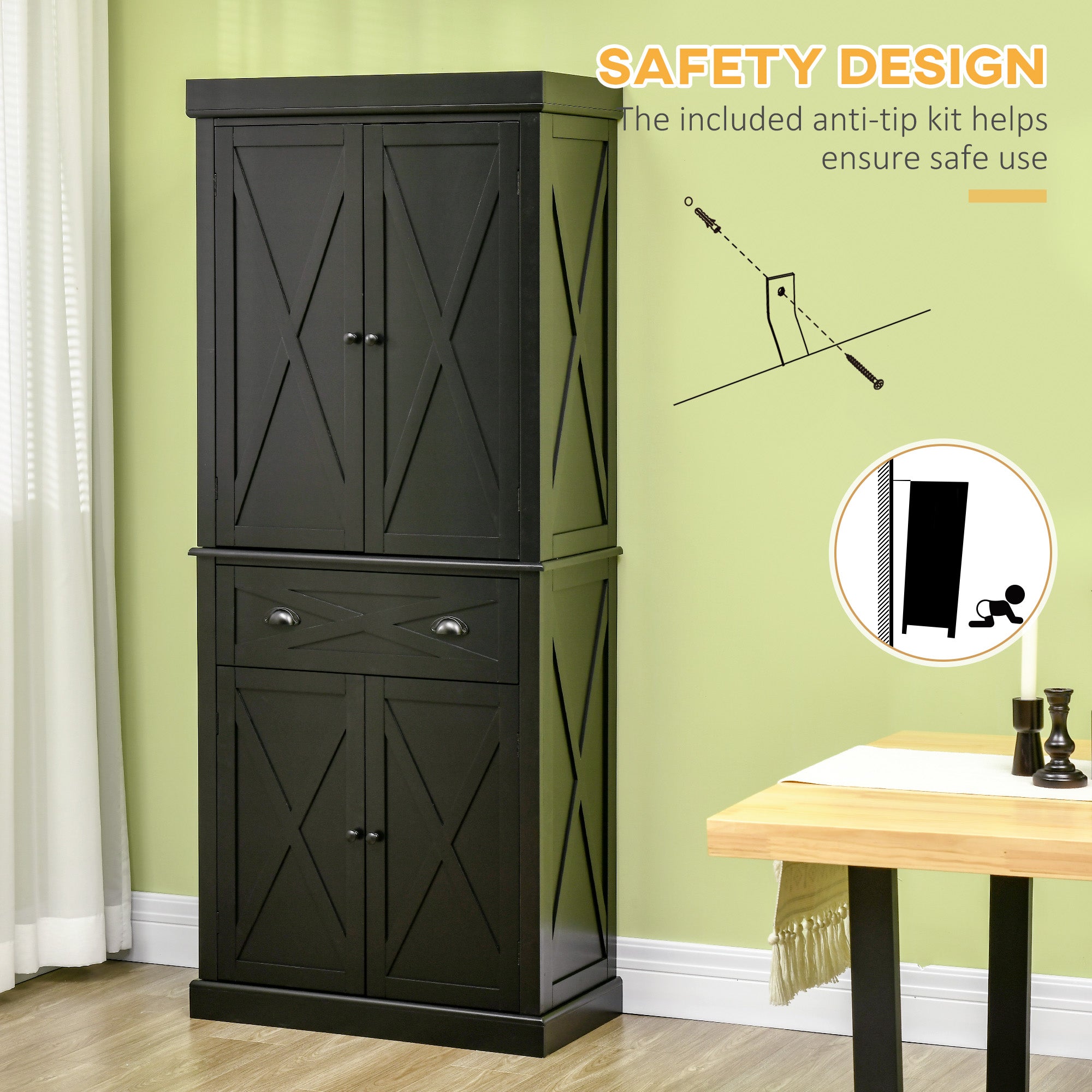 72" Kitchen Pantry Storage Cabinet, Traditional Freestanding Pantry Cabinet with 4 Doors and 2 Adjustable Shelves, Large Central Drawer, X-Frame, Black
