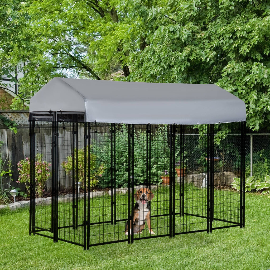 Outdoor Dog Kennel with Roof, 8' x 4' x 6' Heavy Duty Welded Wire Dog Playpen Enclosure with Escape-proof Lock, UV-Resistant & Waterproof Cover, for Large Dogs, Silver