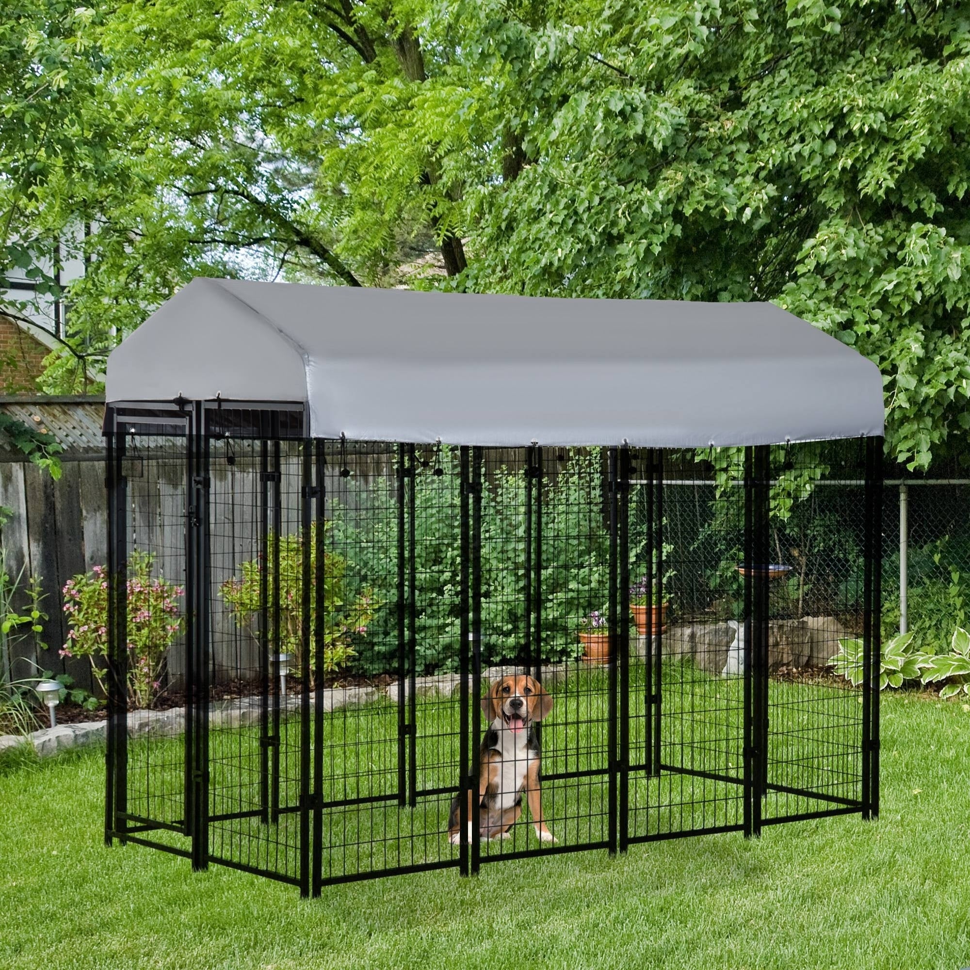 Outdoor Dog Kennel with Roof, 8' x 4' x 6' Heavy Duty Welded Wire Dog Playpen Enclosure with Escape-proof Lock, UV-Resistant & Waterproof Cover, for Large Dogs, Silver
