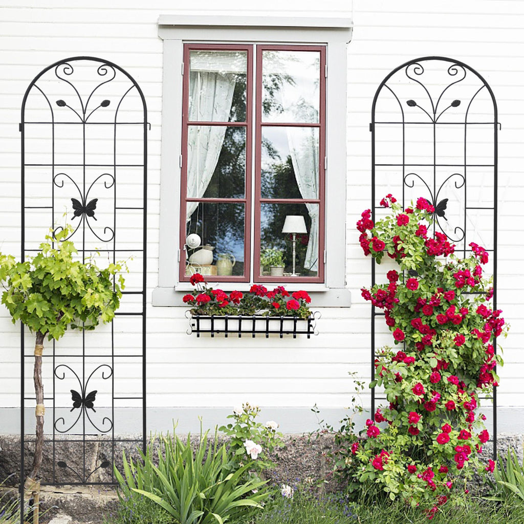 4 Pack Metal Garden Trellis with Butterfly Decoration and Powder Coated Iron, Extendable Design Rustproof Climbing Plant Support, Black