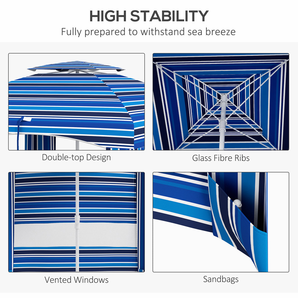 5.8' x 5.8' Cabana Umbrella for Travel, Walls, Vents, Ruffles, Carry Bag, Beach Umbrella, Blue Stripe